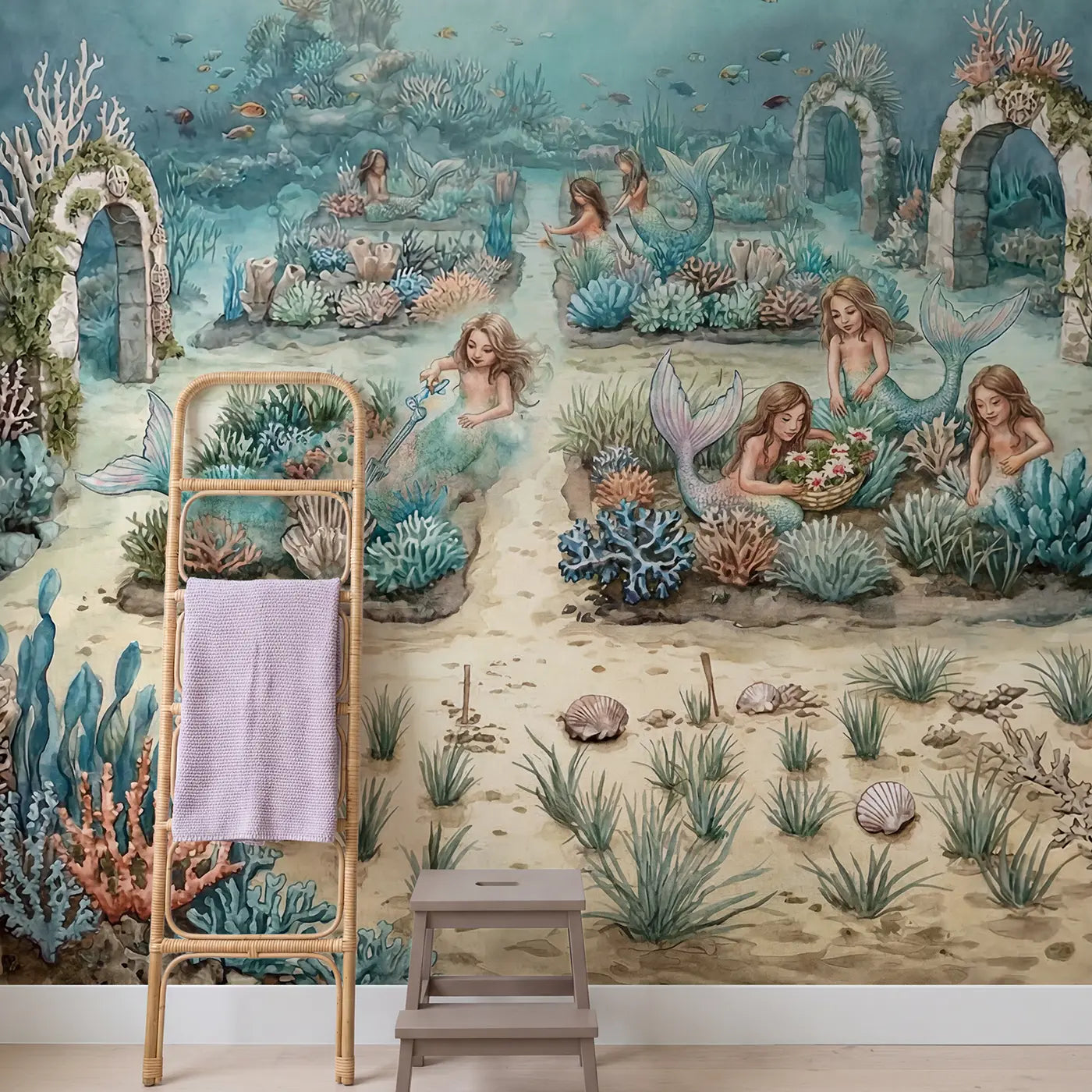 Mermaid Reef Garden Wallpaper Mural in playroom setting by Whimsy Tots
