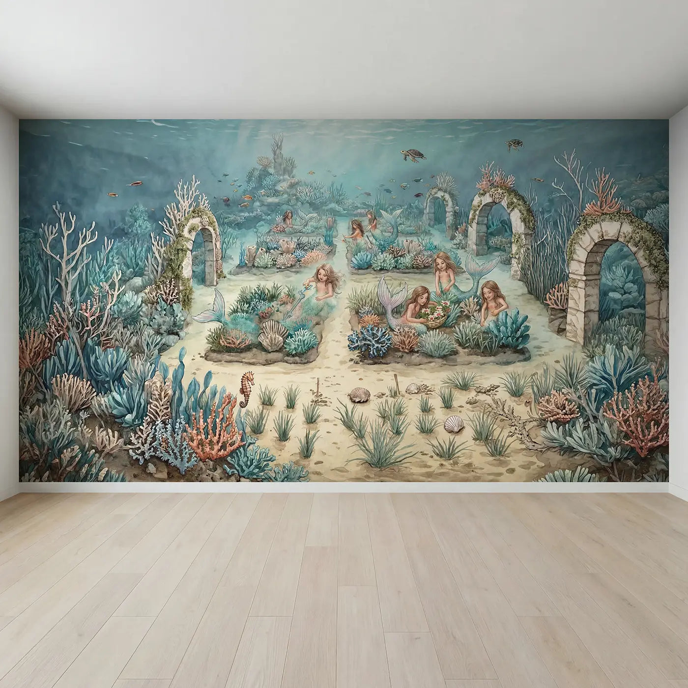 Full view of Mermaid Reef Garden Wallpaper Mural by Whimsy Tots