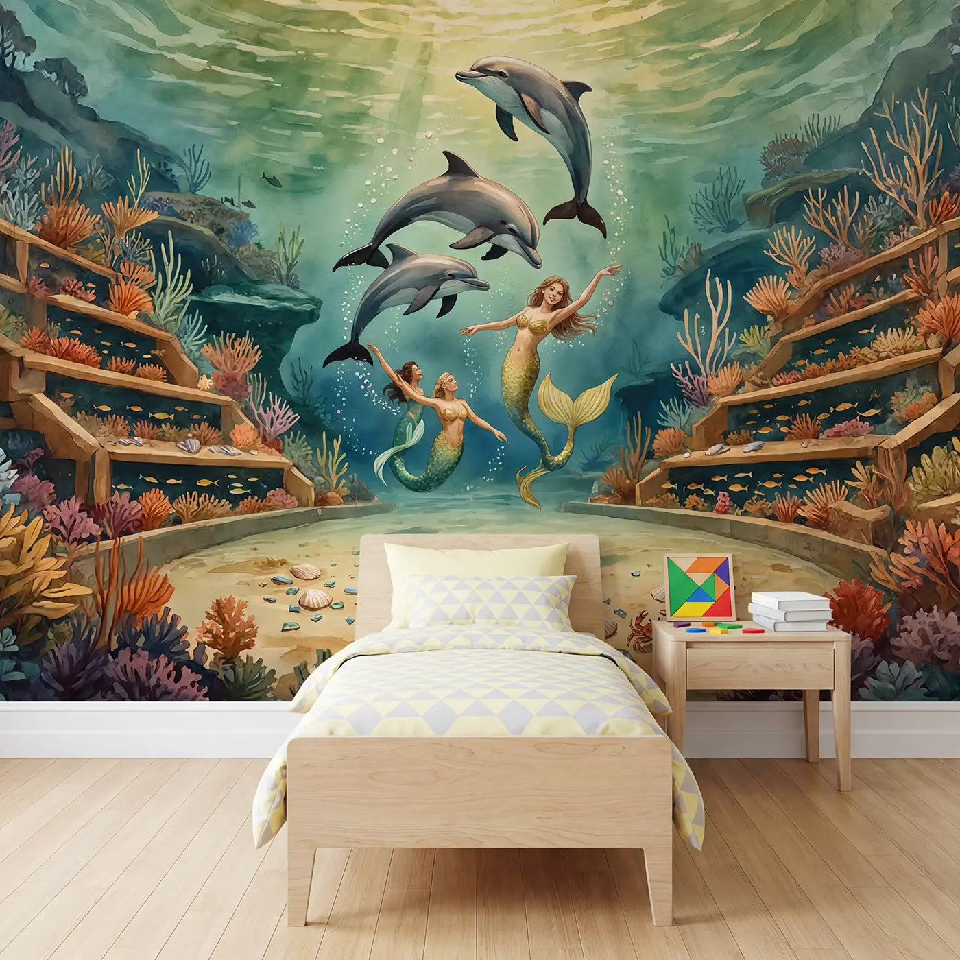 Watercolor mermaid dolphin coral ballet wallpaper mural for kids room by Whimsy Tots