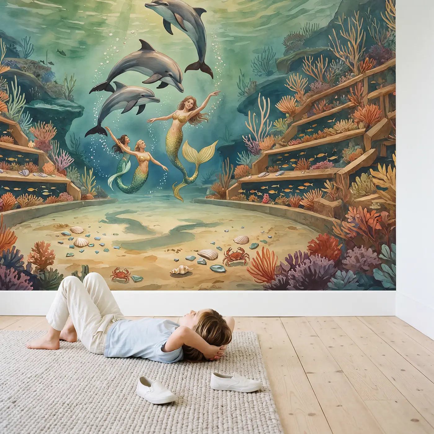 Child in nursery with Mermaid Dolphin Ballet Wallpaper Mural by Whimsy Tots