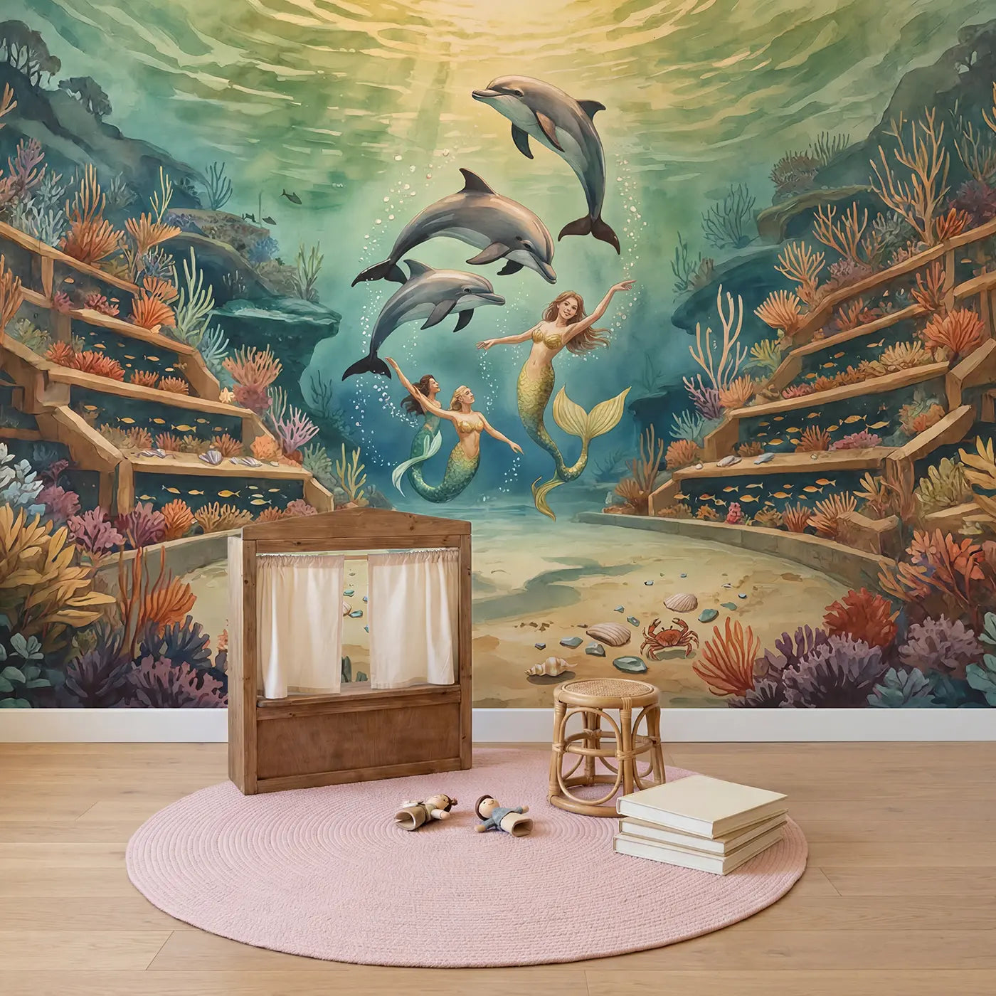 Mermaid Dolphin Ballet Wallpaper Mural in playroom setting by Whimsy Tots