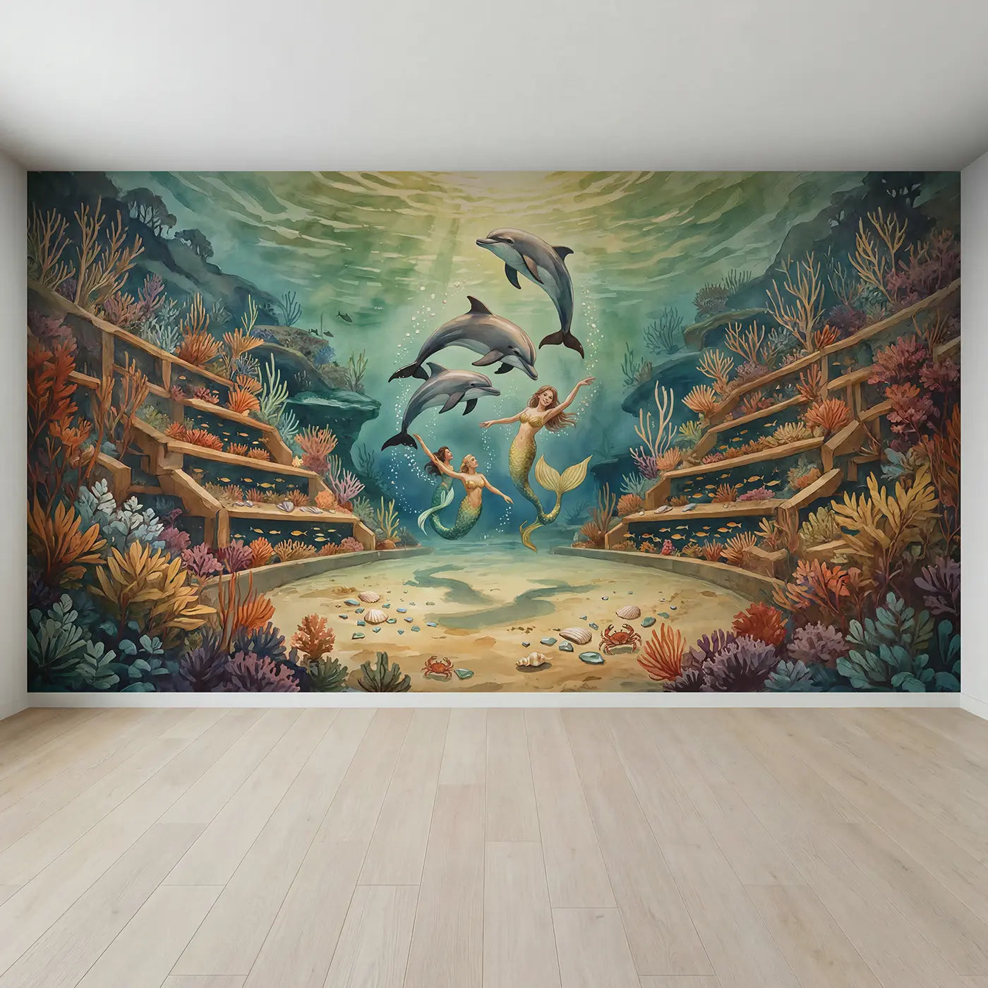 Full view of Mermaid Dolphin Ballet Wallpaper Mural by Whimsy Tots