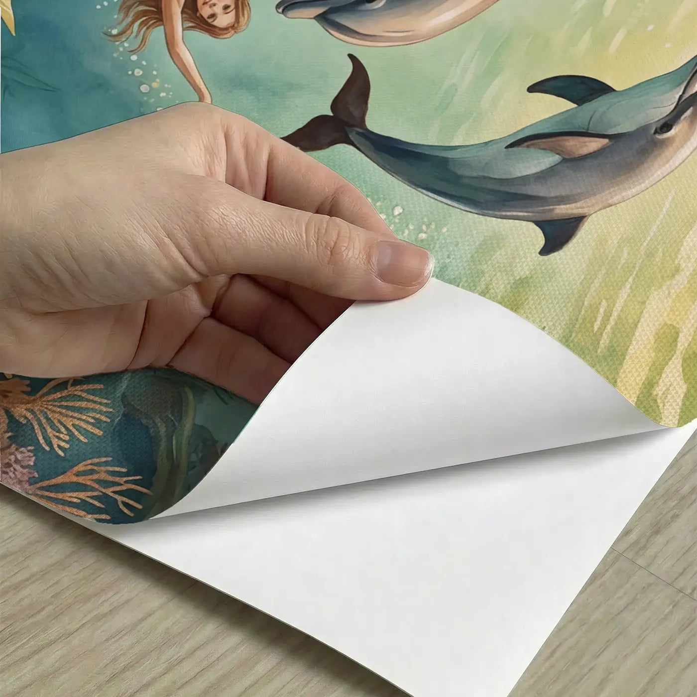 Peel-and-stick detail of Mermaid Dolphin Ballet Wallpaper Mural by Whimsy Tots
