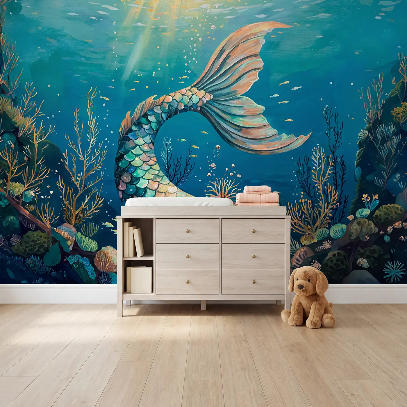 modern illustration mermaid tail scales mural for girls room by Whimsy Tots