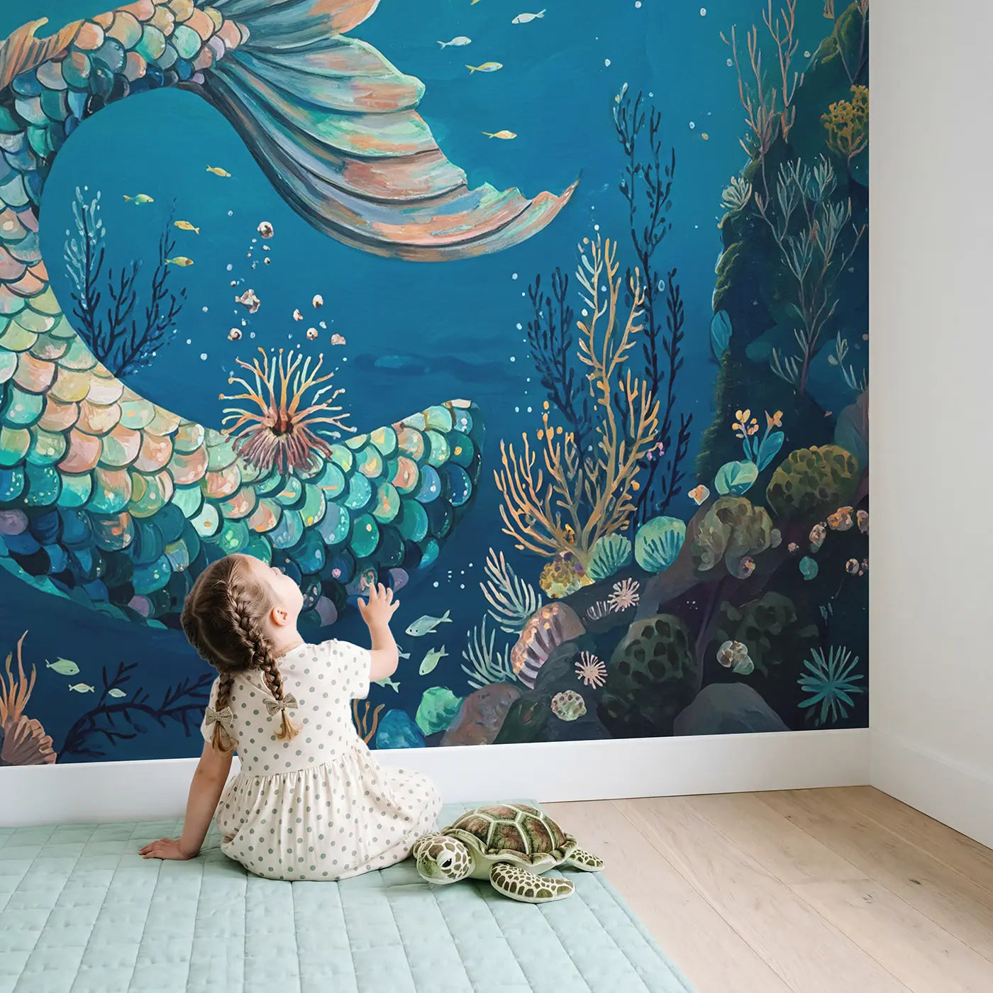 Child in nursery with Mermaid Tail Iridescent Scale Wallpaper Mural by Whimsy Tots