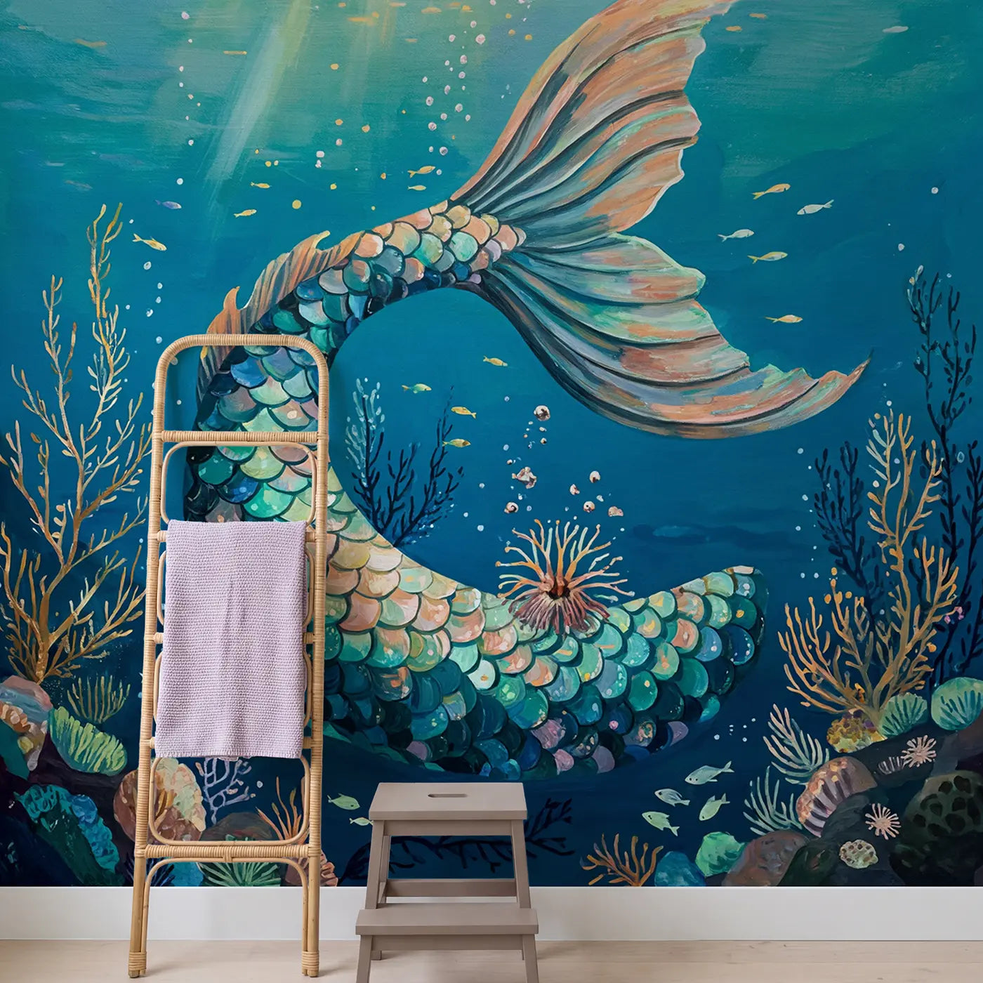Mermaid Tail Iridescent Scale Wallpaper Mural in playroom setting by Whimsy Tots