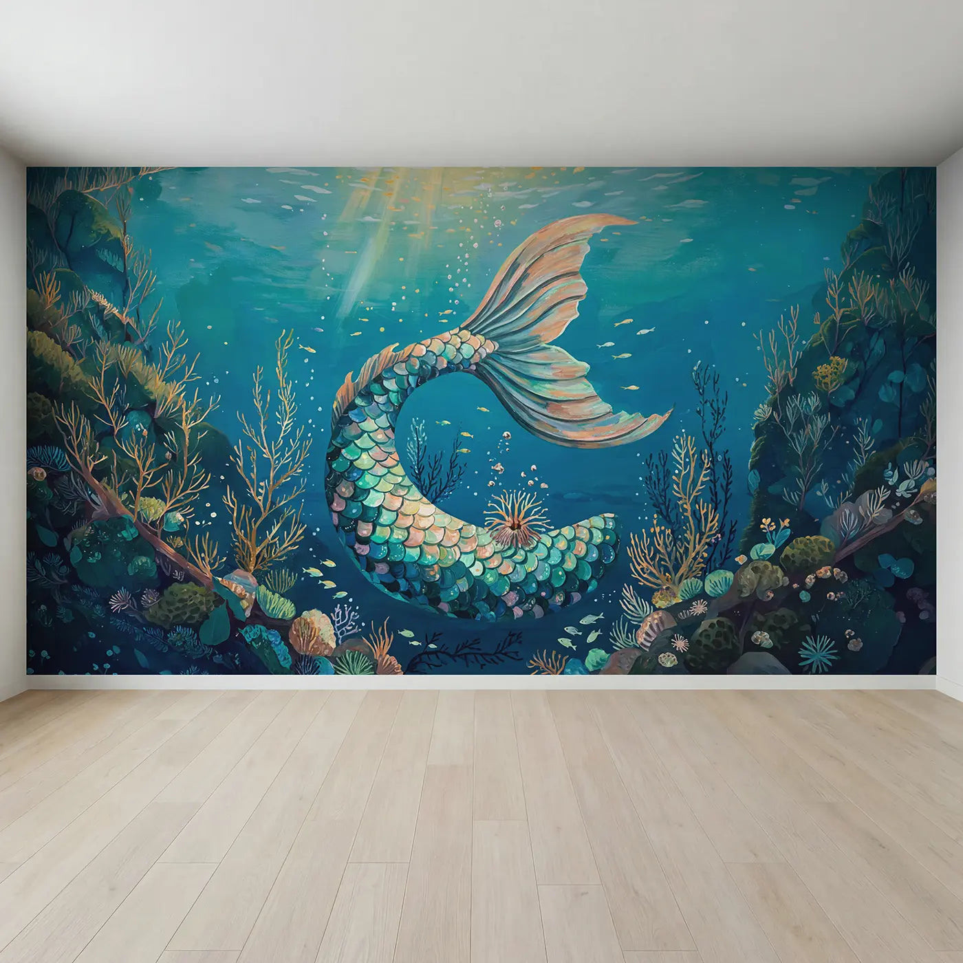 Full view of Mermaid Tail Iridescent Scale Wallpaper Mural by Whimsy Tots