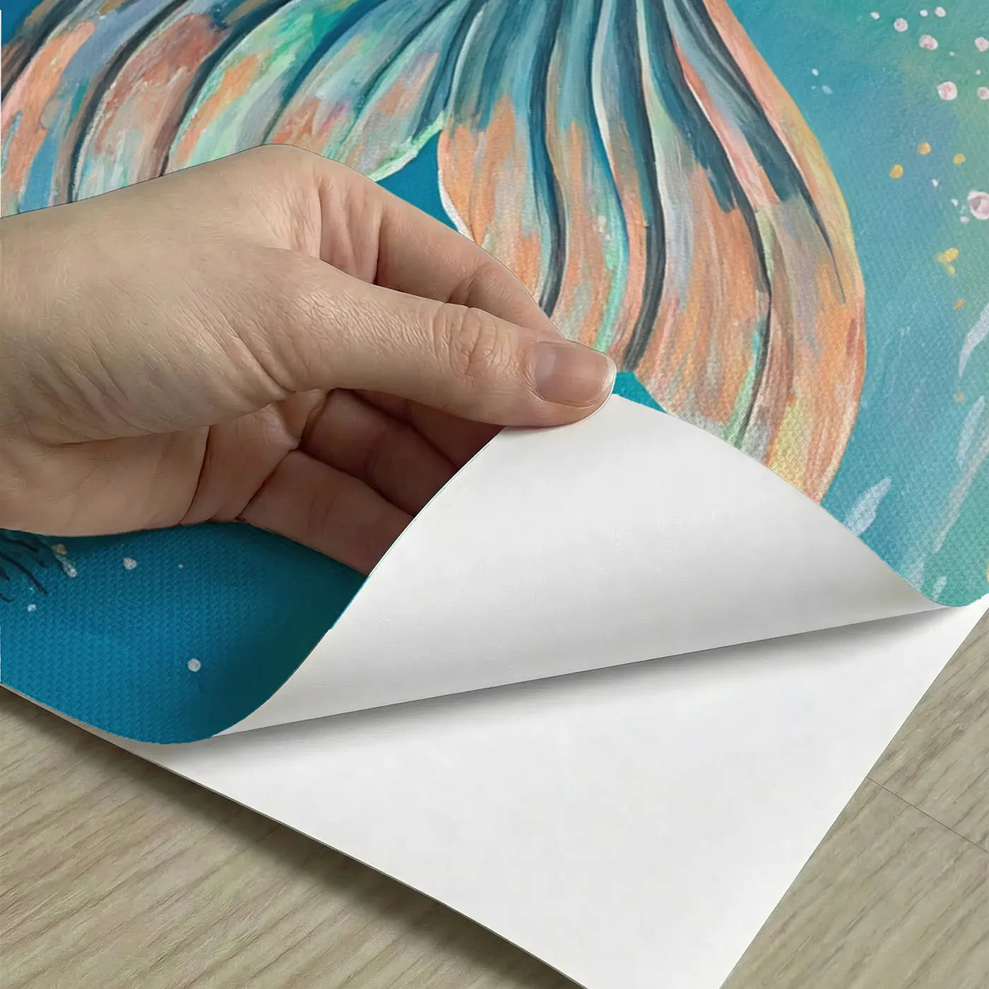 Peel-and-stick detail of Mermaid Tail Iridescent Scale Wallpaper Mural by Whimsy Tots