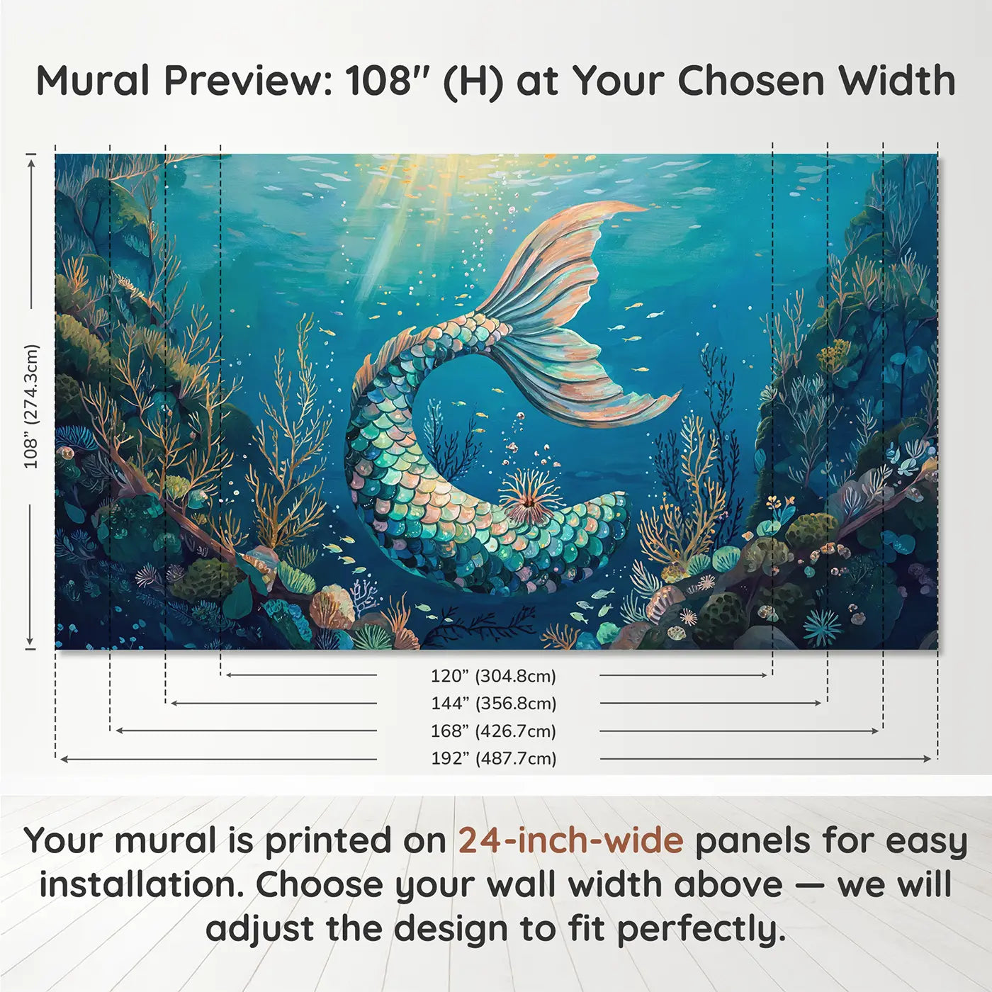 Panel layout and dimensions for Mermaid Tail Iridescent Scale Wallpaper Mural by Whimsy Tots