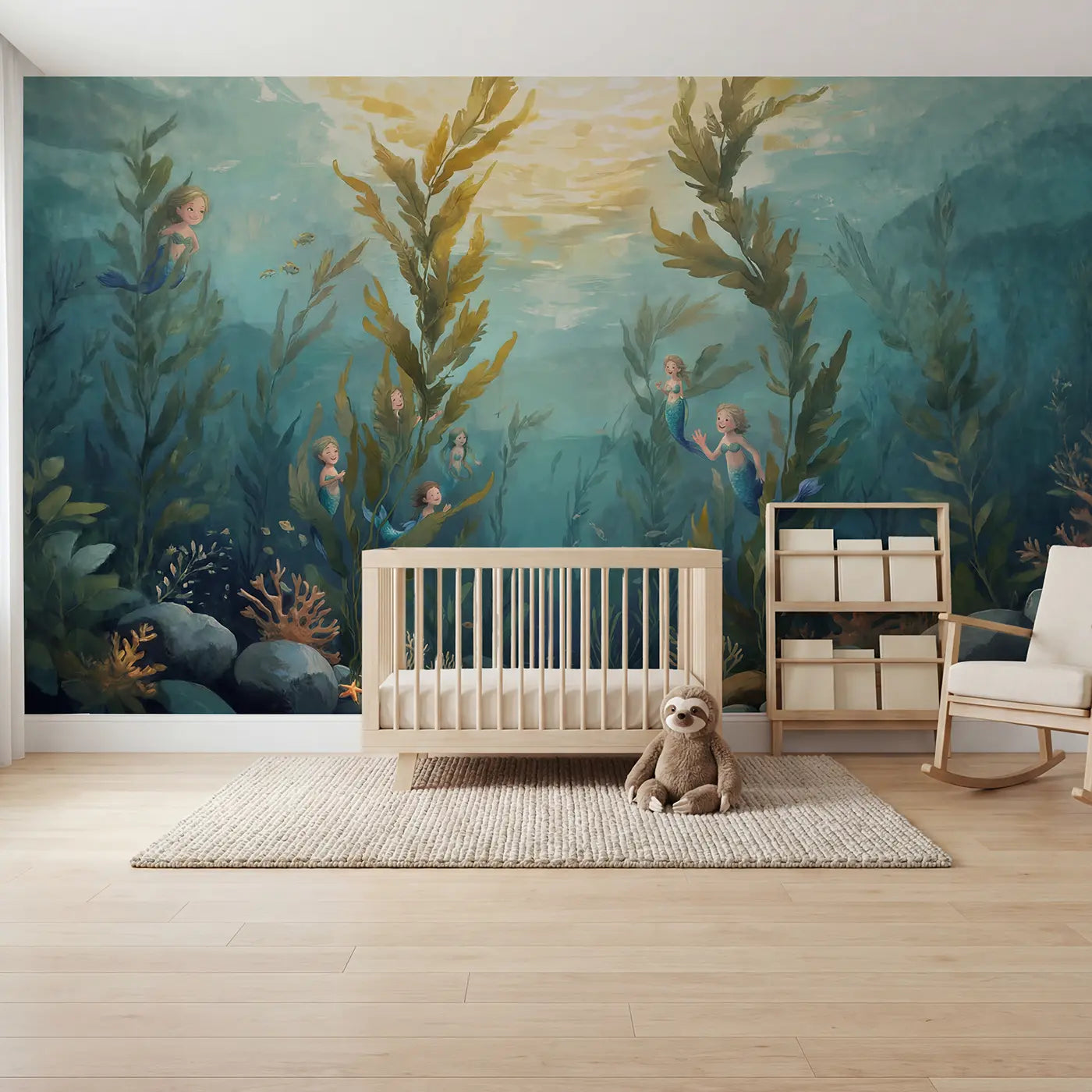 Soft pastel mermaids hide seek coral wallpaper mural for kids room by Whimsy Tots