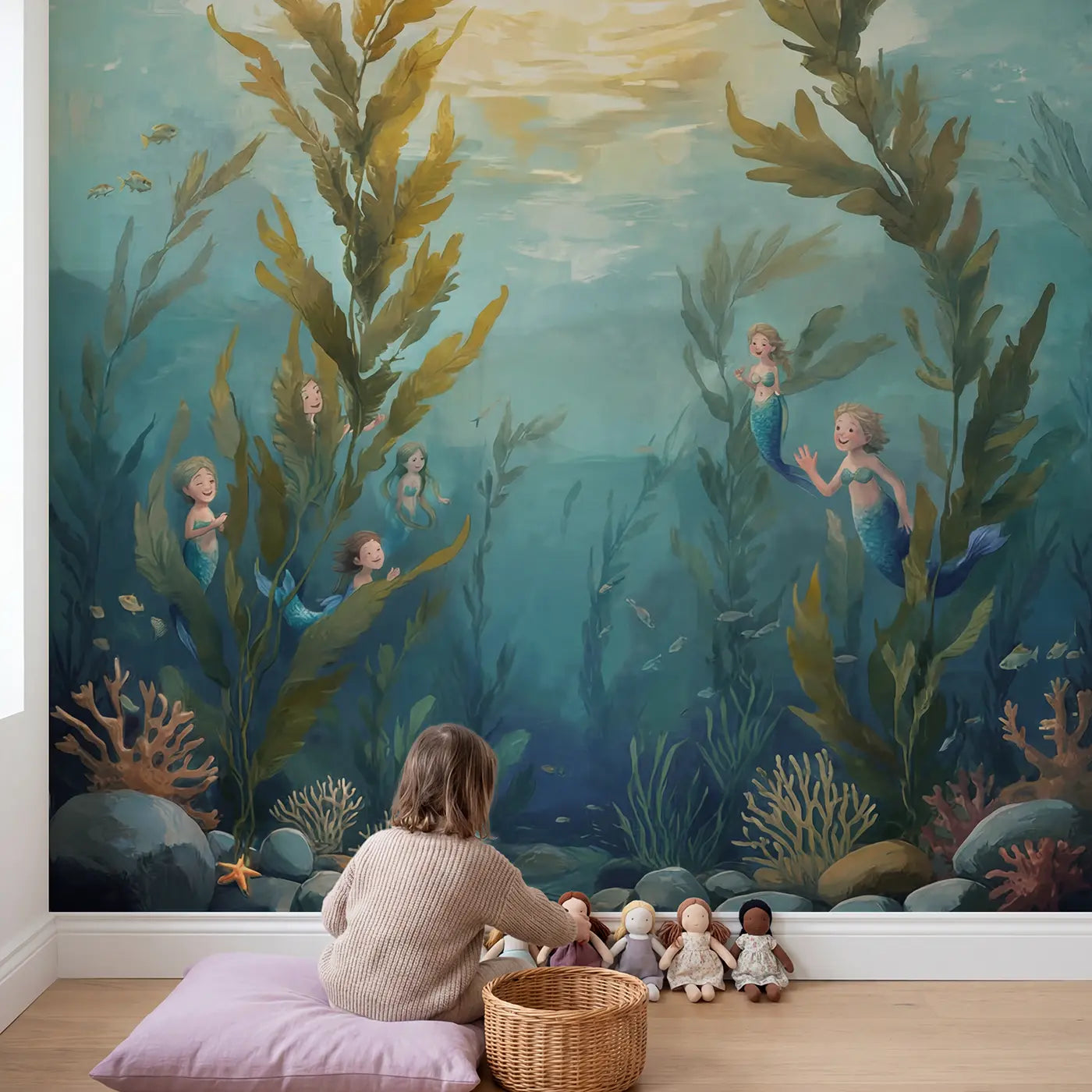 Child in nursery with Mermaids Playing Hide Seek Wallpaper Mural by Whimsy Tots