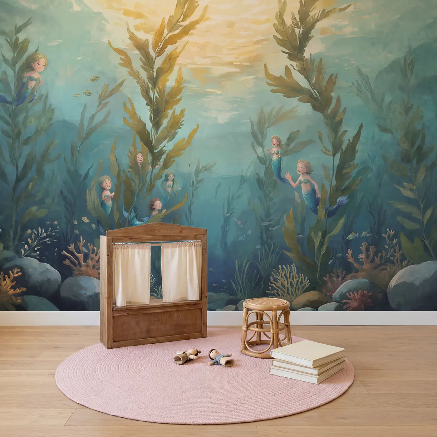 Mermaids Playing Hide Seek Wallpaper Mural in playroom setting by Whimsy Tots