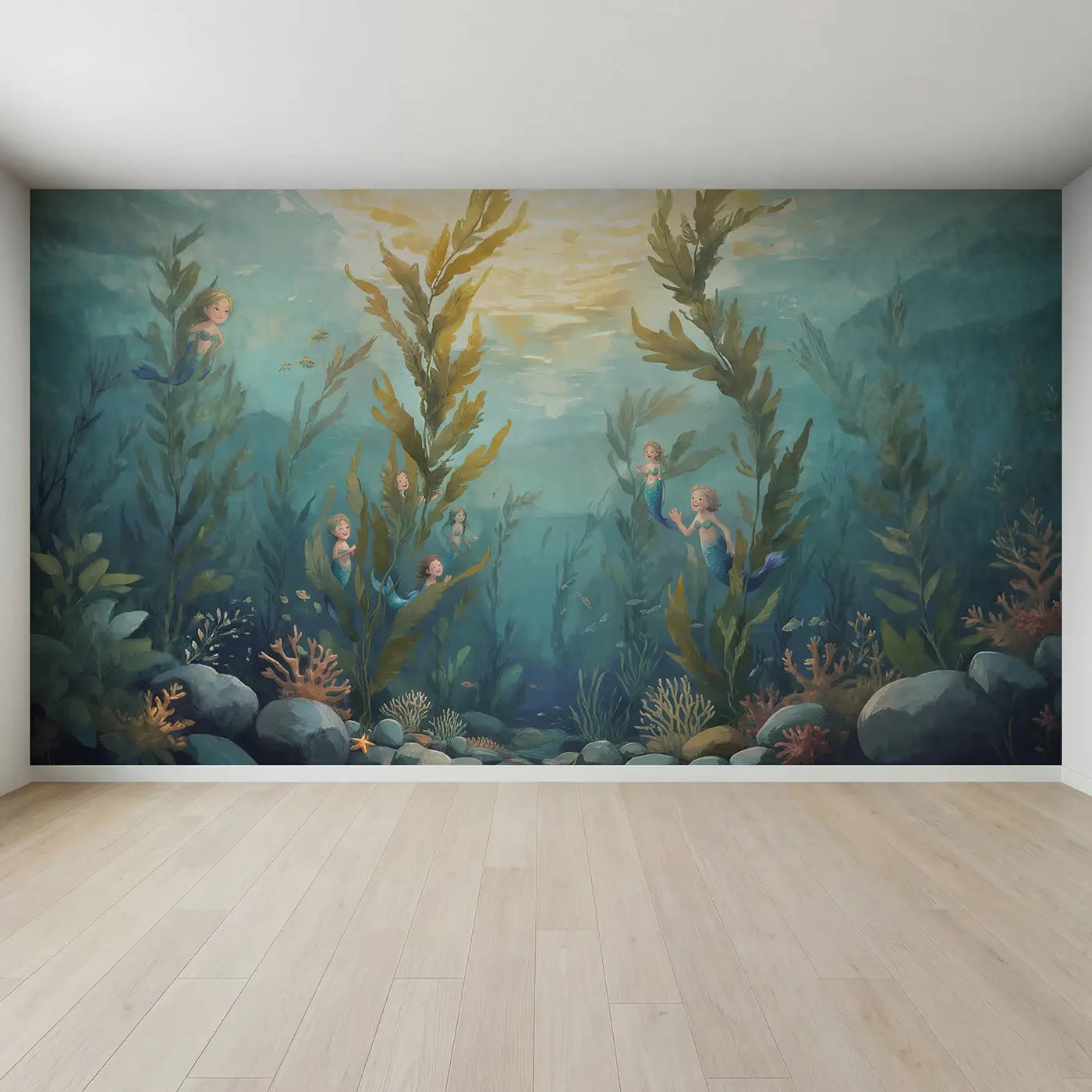Full view of Mermaids Playing Hide Seek Wallpaper Mural by Whimsy Tots