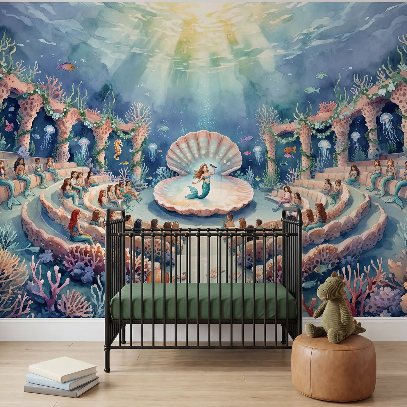 Watercolor mermaid coral amphitheater underwater stage wallpaper mural for nursery by Whimsy Tots