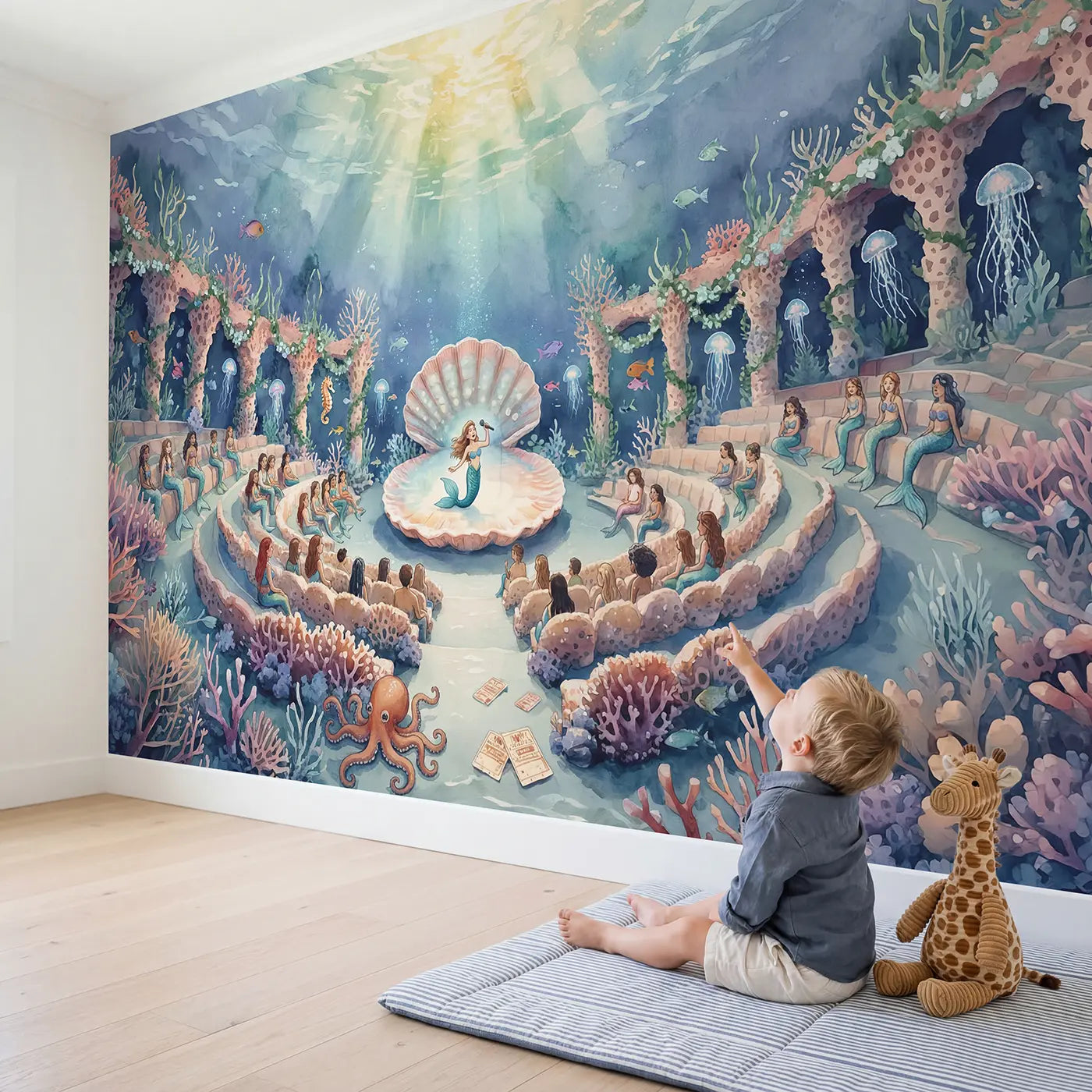 Child in nursery with Mermaid Coral Amphitheater Wallpaper Mural by Whimsy Tots