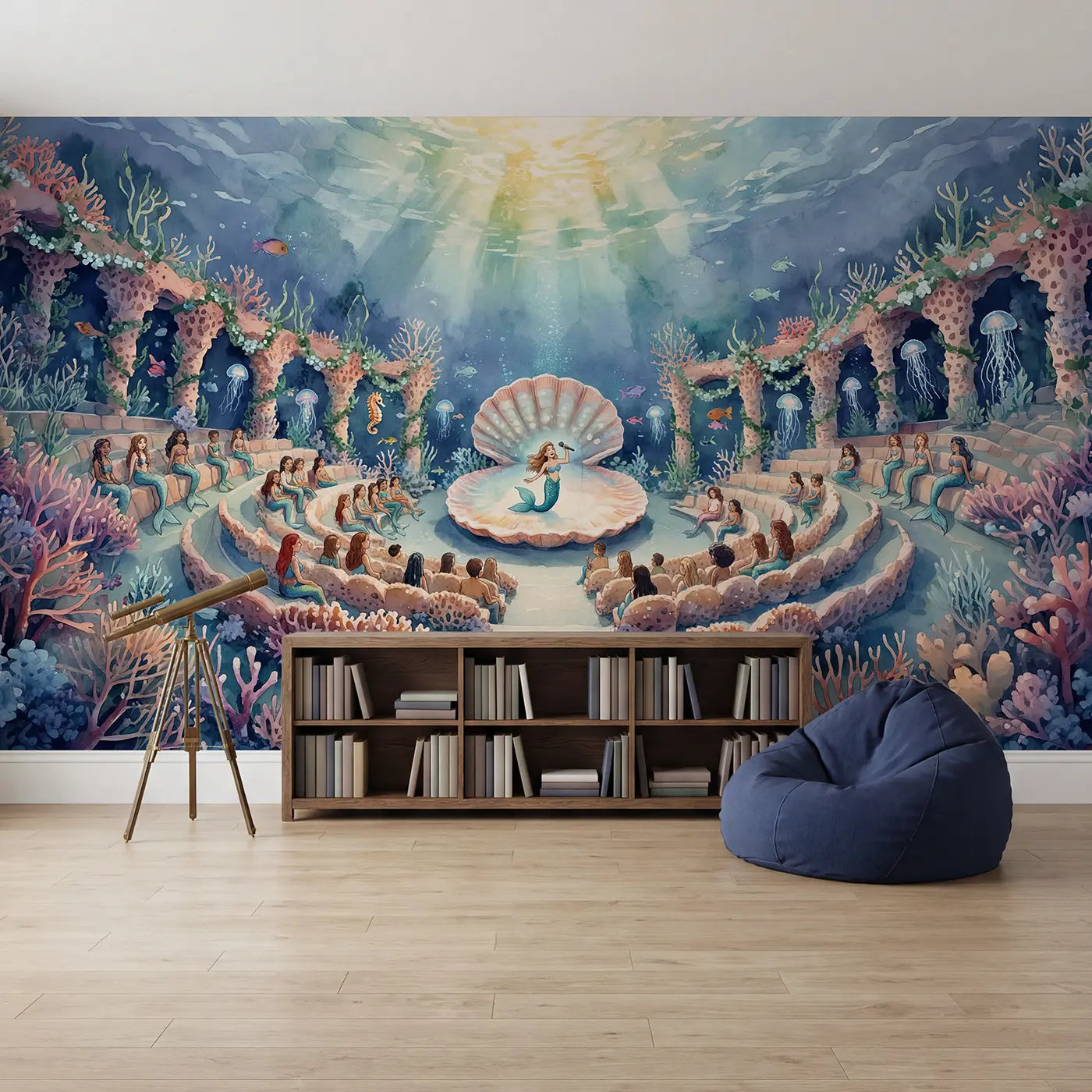 Mermaid Coral Amphitheater Wallpaper Mural in playroom setting by Whimsy Tots