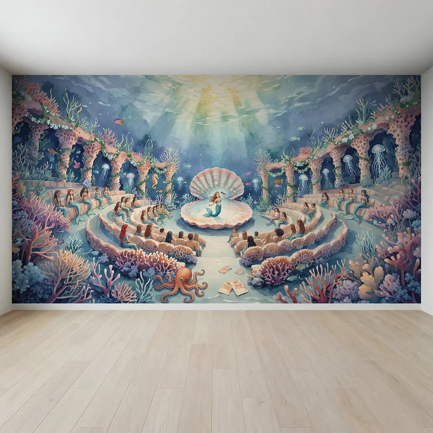 Full view of Mermaid Coral Amphitheater Wallpaper Mural by Whimsy Tots