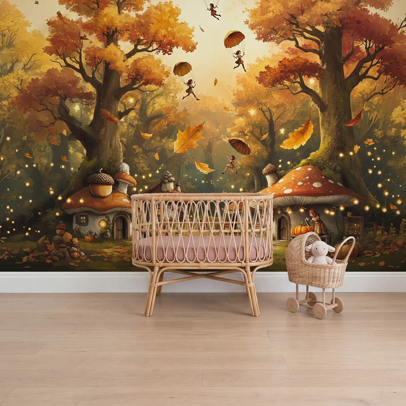 soft pastel fairy village autumn oak roots wallpaper mural for girls room by Whimsy Tots
