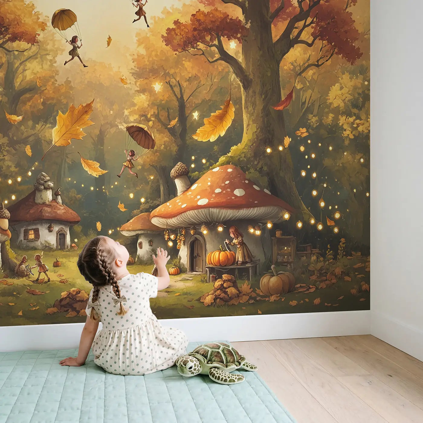 Child in nursery with Autumn Fairy Village Wallpaper Mural by Whimsy Tots