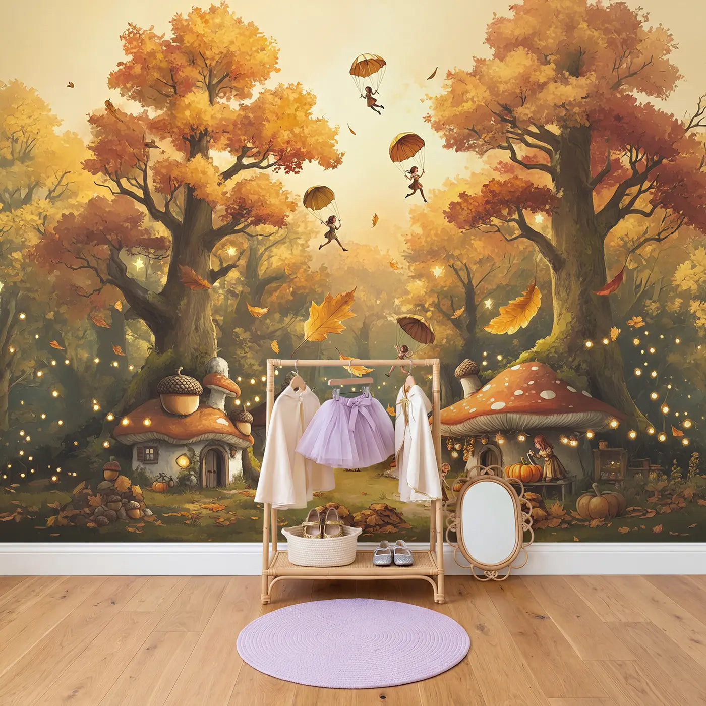 Autumn Fairy Village Wallpaper Mural in playroom setting by Whimsy Tots