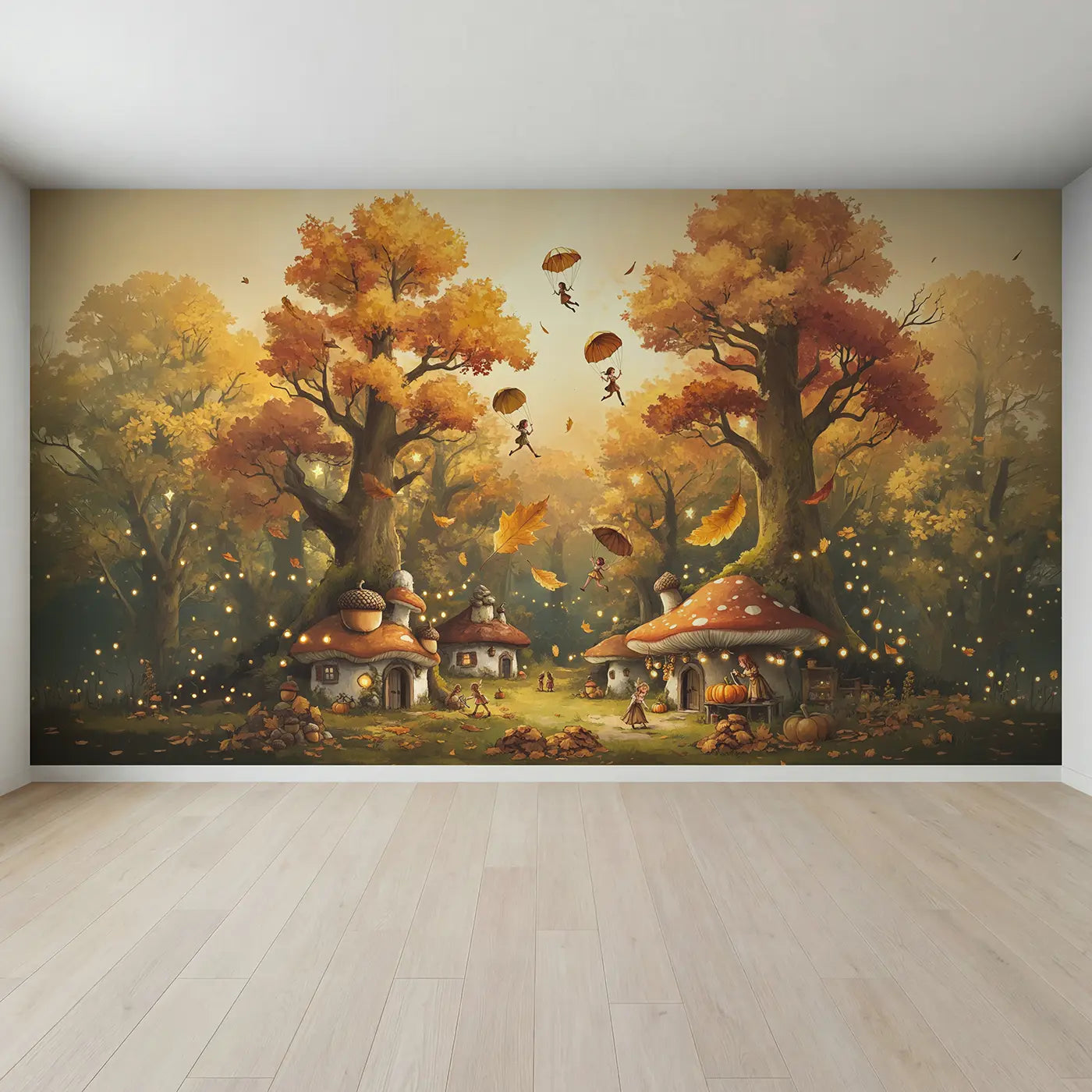 Full view of Autumn Fairy Village Wallpaper Mural by Whimsy Tots
