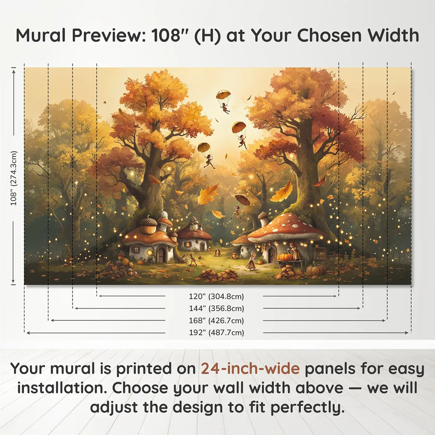 Panel layout and dimensions for Autumn Fairy Village Wallpaper Mural by Whimsy Tots