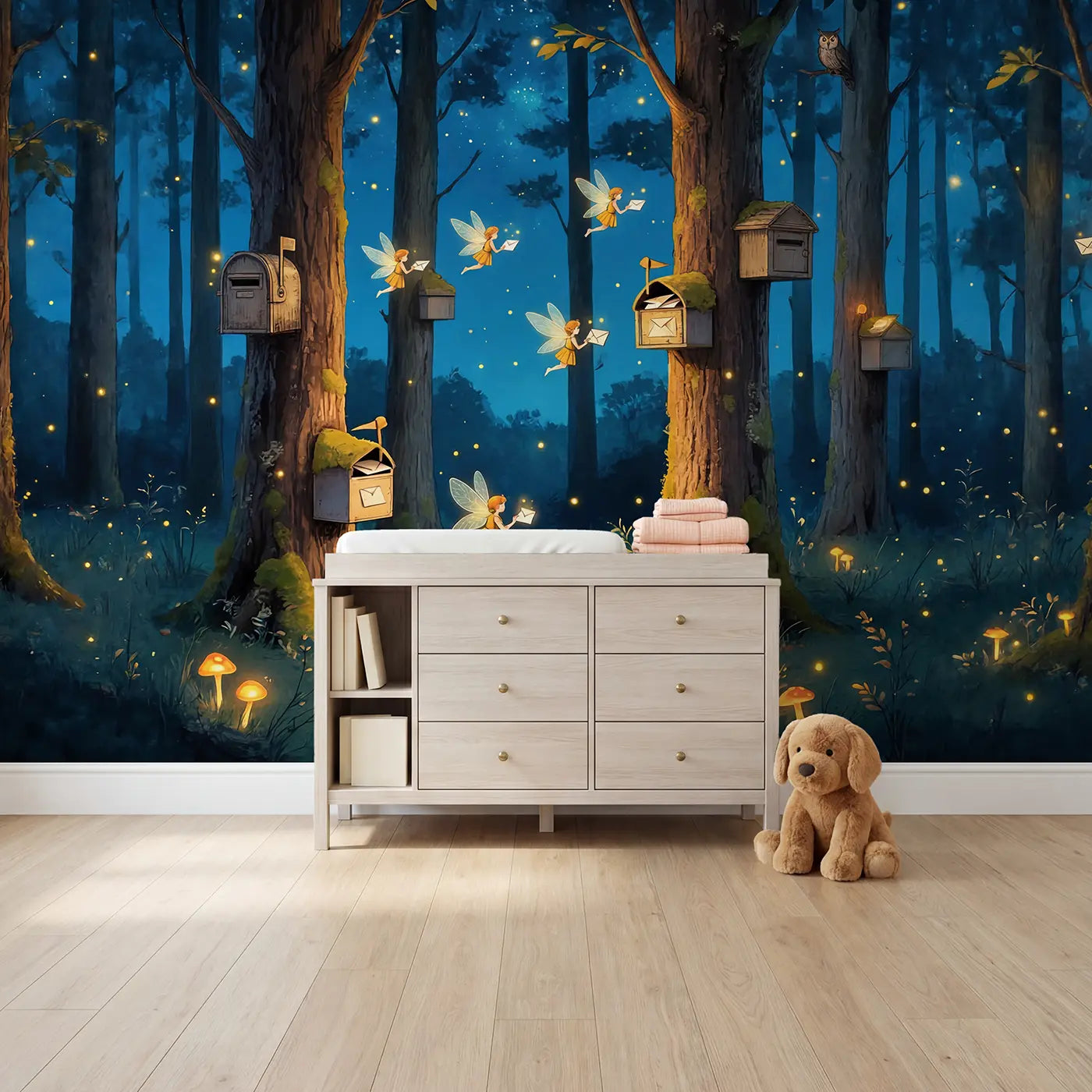 Soft pastel fairy firefly postal service forest wallpaper mural for girls room by Whimsy Tots