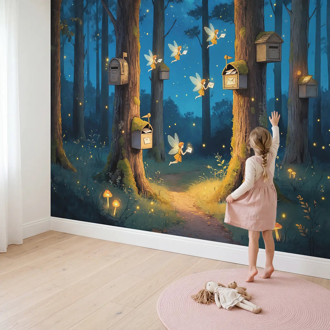 Child in nursery with Fairy Firefly Postal Service Wallpaper Mural by Whimsy Tots