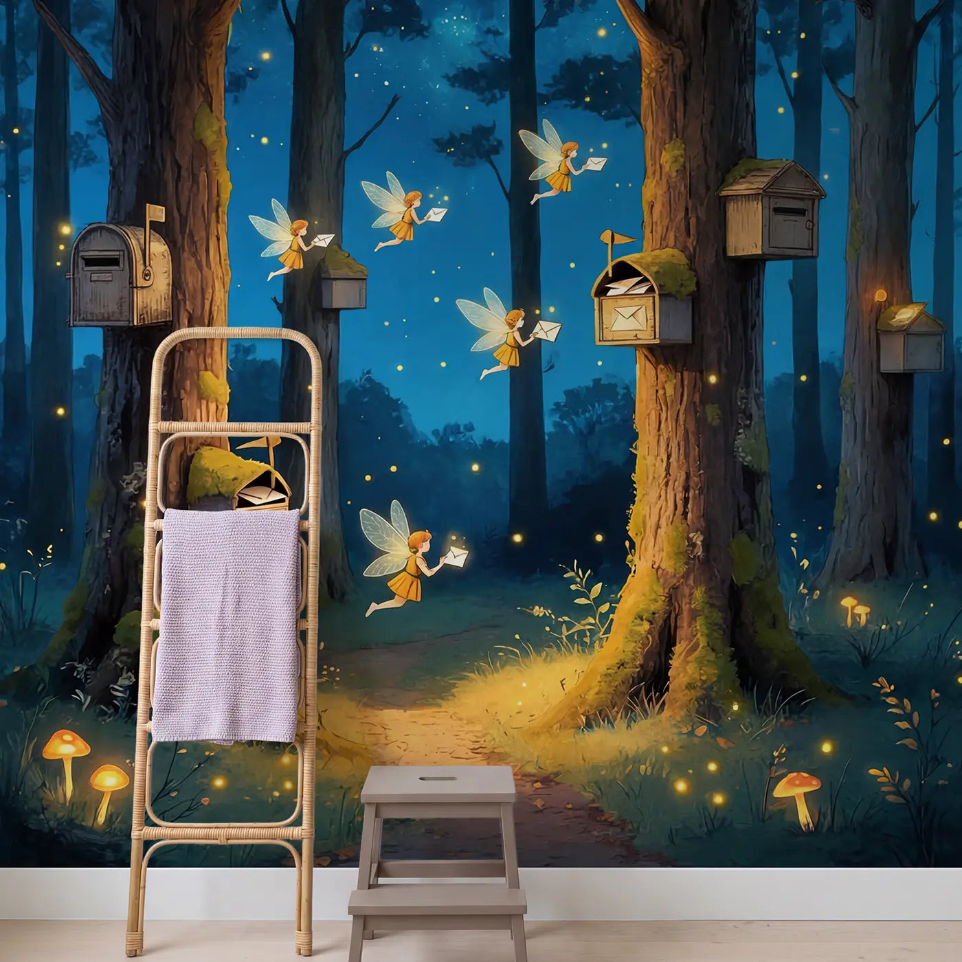Fairy Firefly Postal Service Wallpaper Mural in playroom setting by Whimsy Tots
