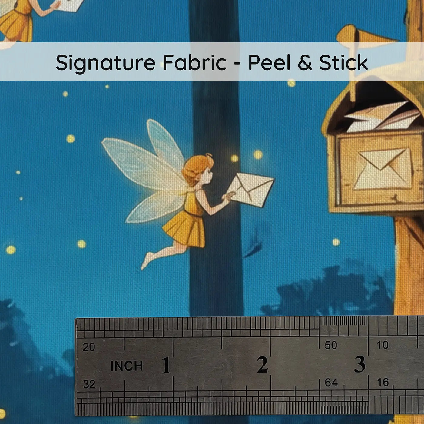 Fabric texture close-up of Fairy Firefly Postal Service Wallpaper Mural by Whimsy Tots