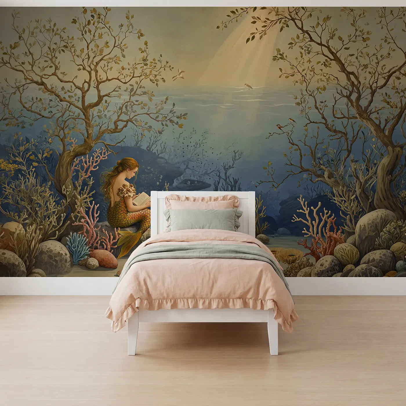 botanical mermaid reading coral underwater wallpaper mural for girls room by Whimsy Tots