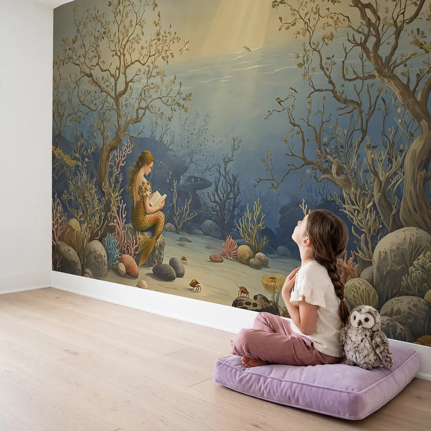 Child in nursery with Mermaid Reading Book Coral Wallpaper Mural by Whimsy Tots