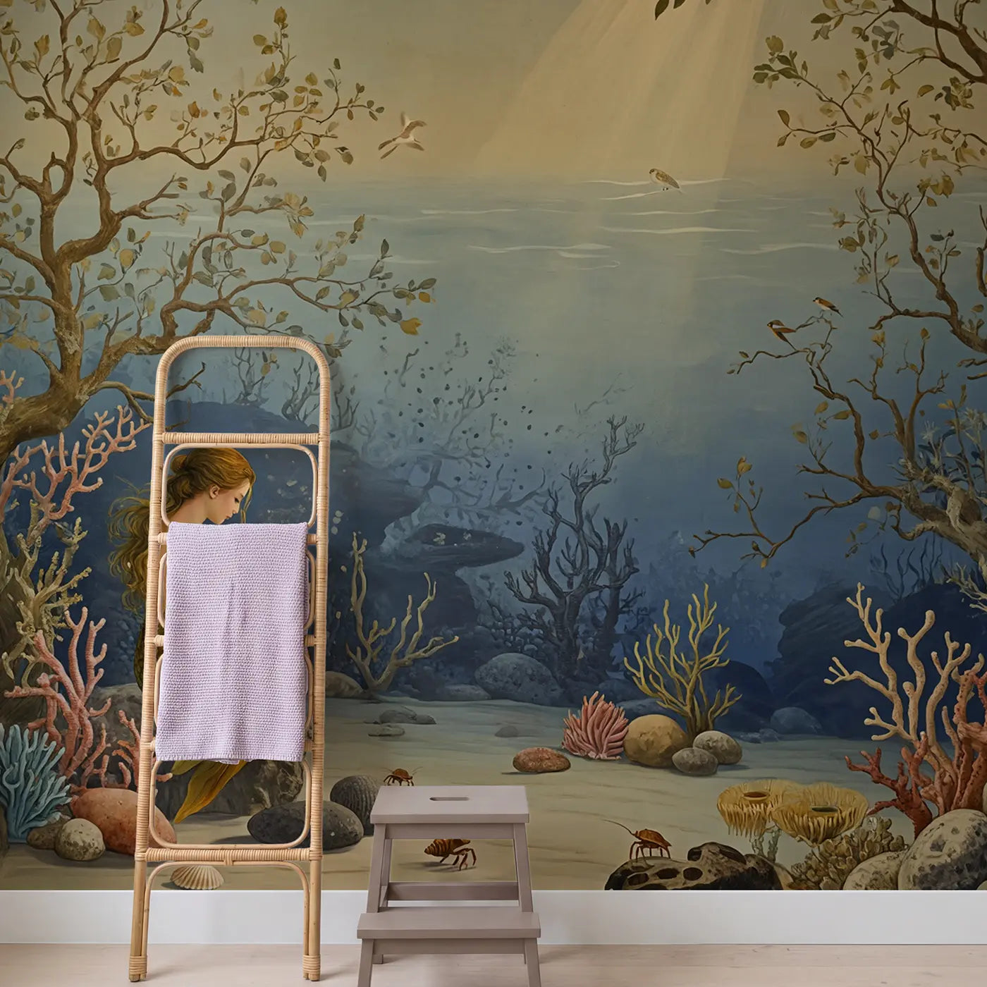 Mermaid Reading Book Coral Wallpaper Mural in playroom setting by Whimsy Tots