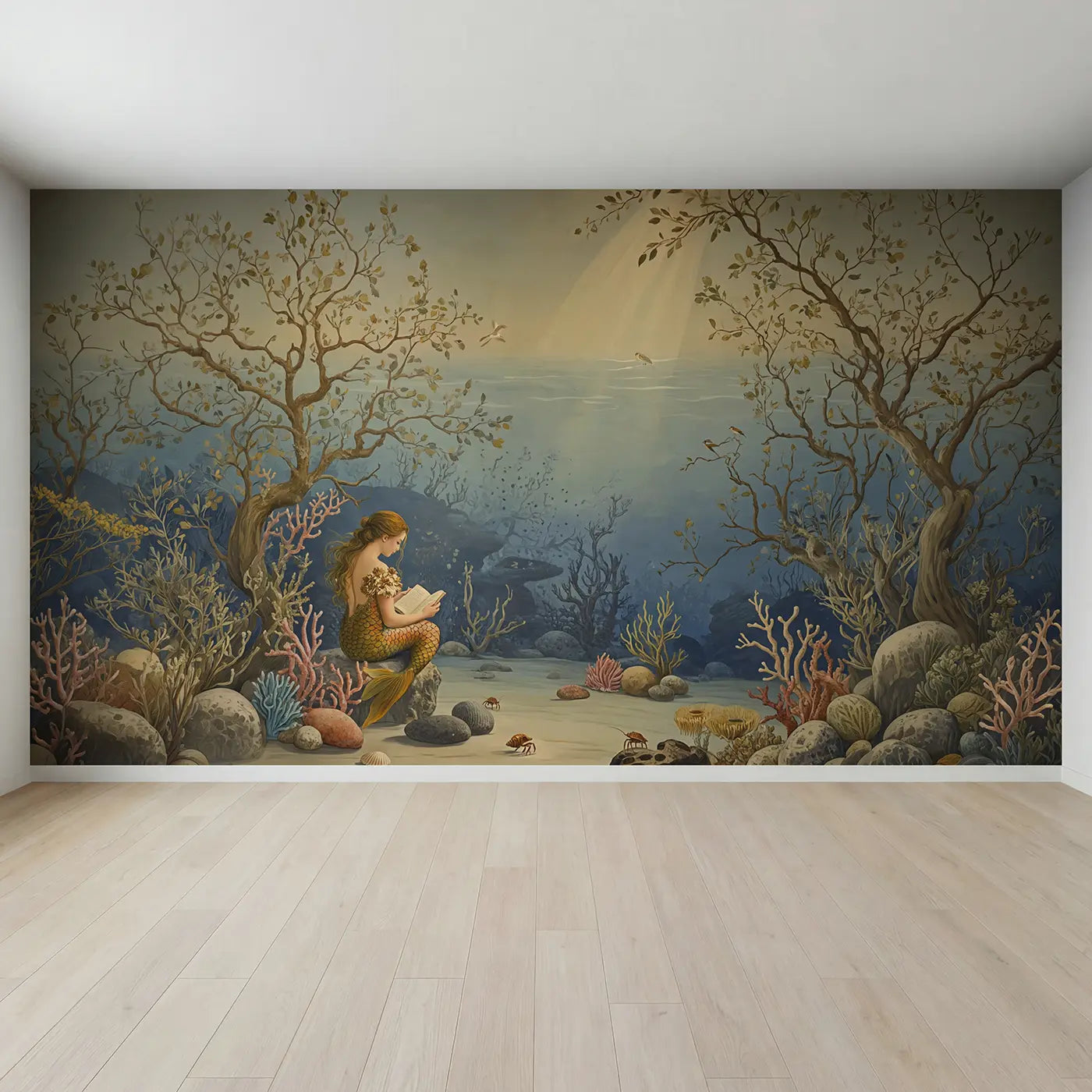Full view of Mermaid Reading Book Coral Wallpaper Mural by Whimsy Tots