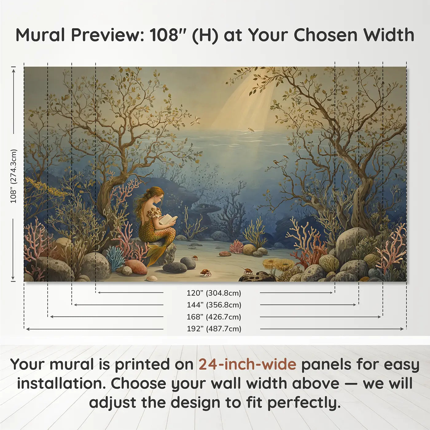 Panel layout and dimensions for Mermaid Reading Book Coral Wallpaper Mural by Whimsy Tots