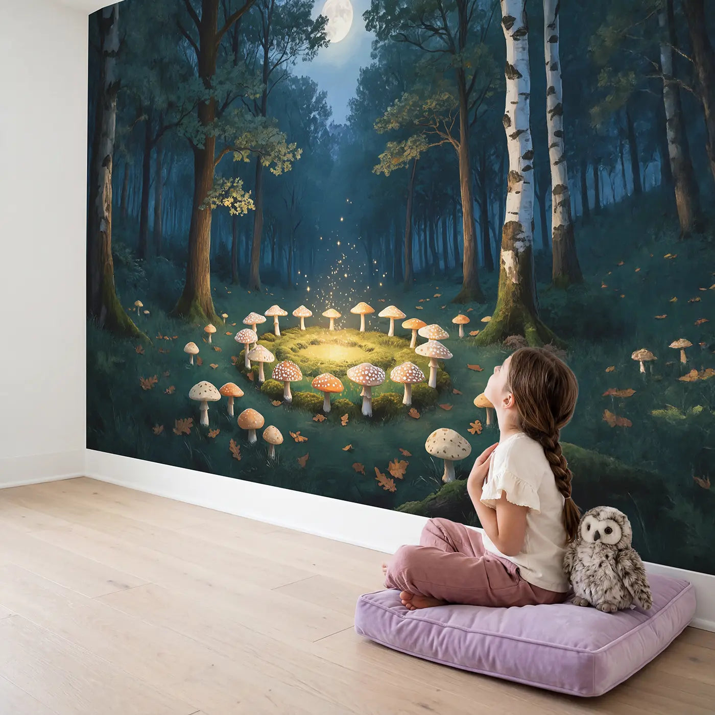 Child in nursery with Moonlit Fairy Ring Clearing Wallpaper Mural by Whimsy Tots