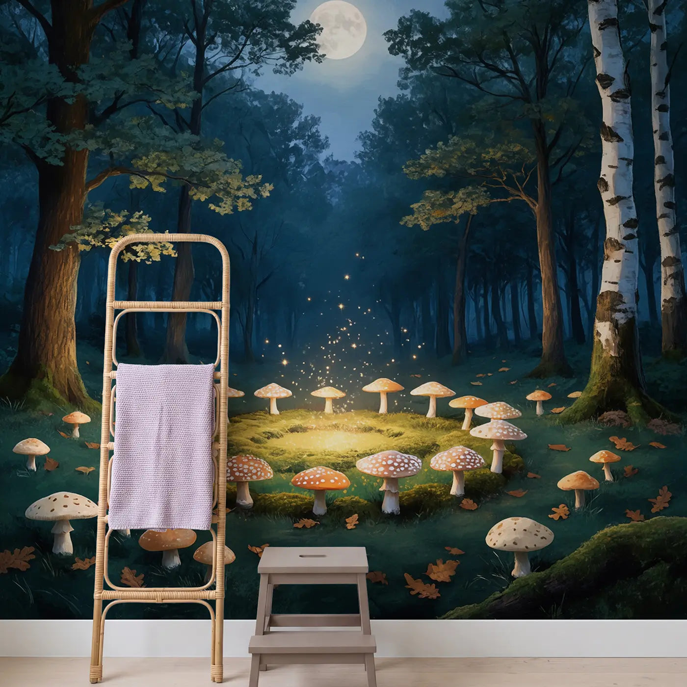 Moonlit Fairy Ring Clearing Wallpaper Mural in playroom setting by Whimsy Tots