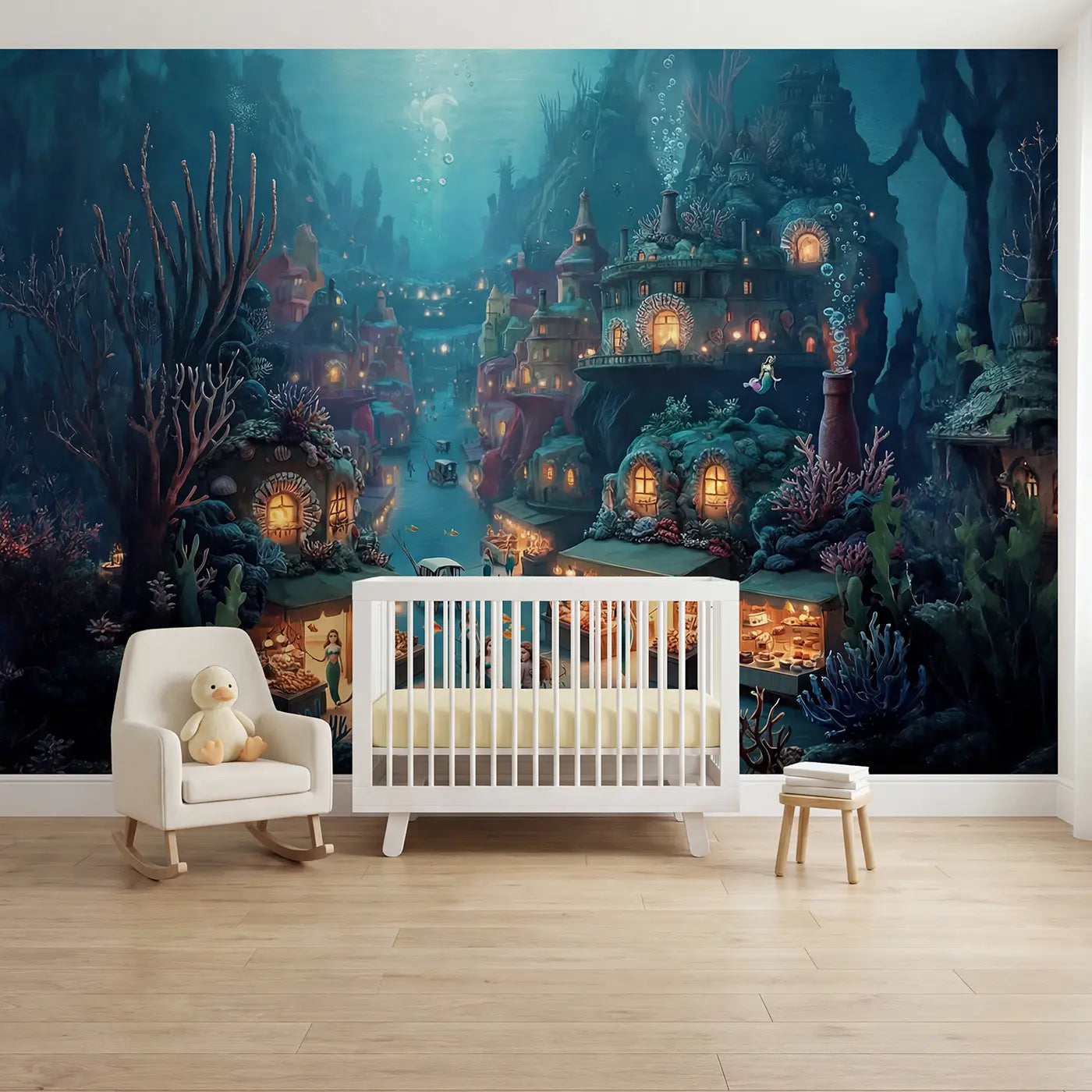 Soft pastel mermaid city in deep ocean wallpaper mural for kids room by Whimsy Tots