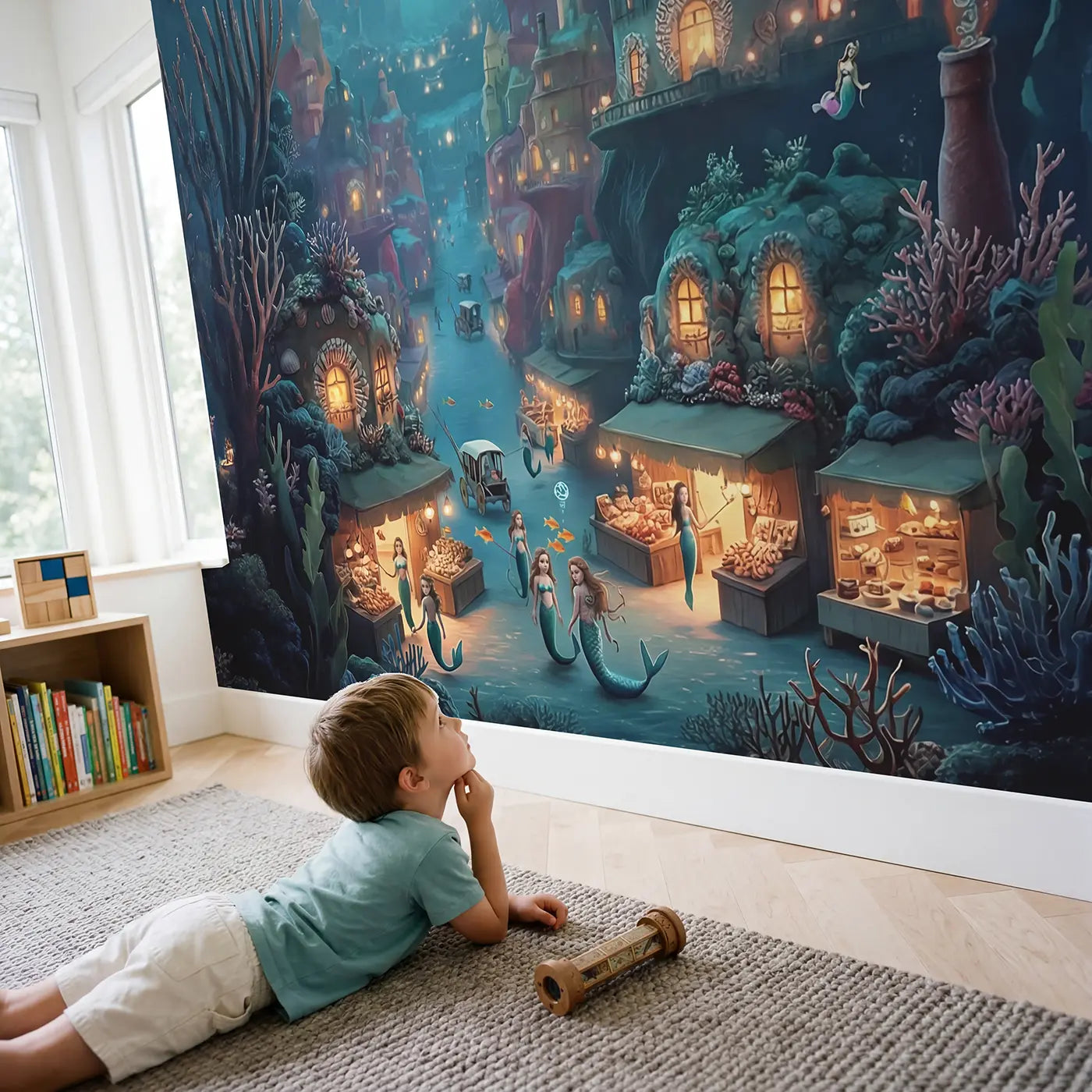 Child in nursery with Deep Ocean Mermaid City Wallpaper Mural by Whimsy Tots