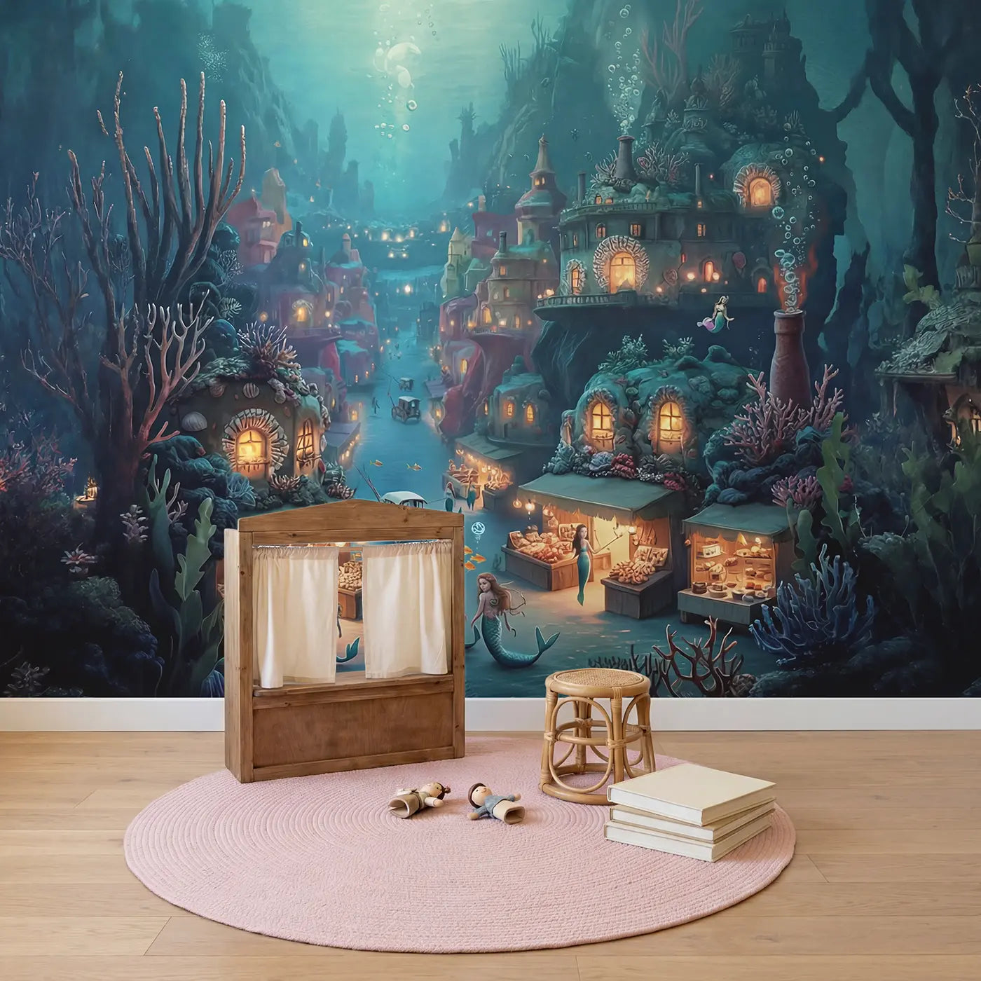 Deep Ocean Mermaid City Wallpaper Mural in playroom setting by Whimsy Tots