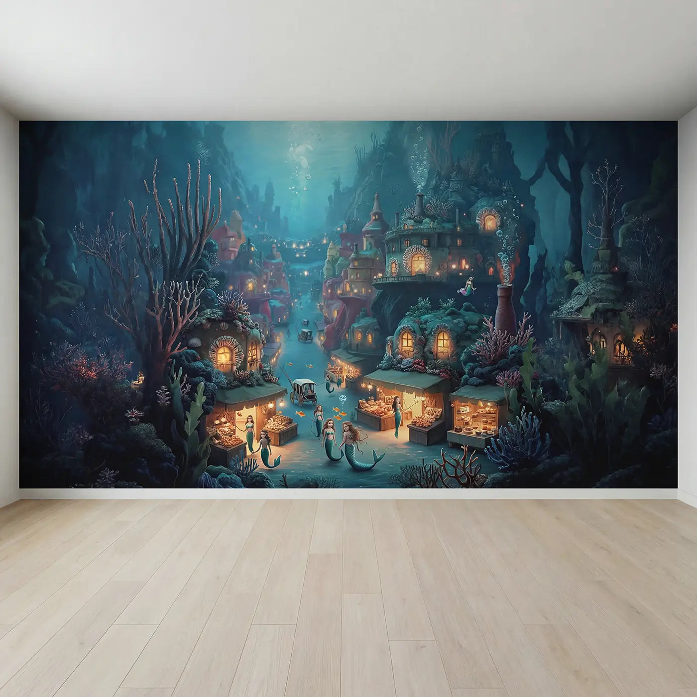 Full view of Deep Ocean Mermaid City Wallpaper Mural by Whimsy Tots