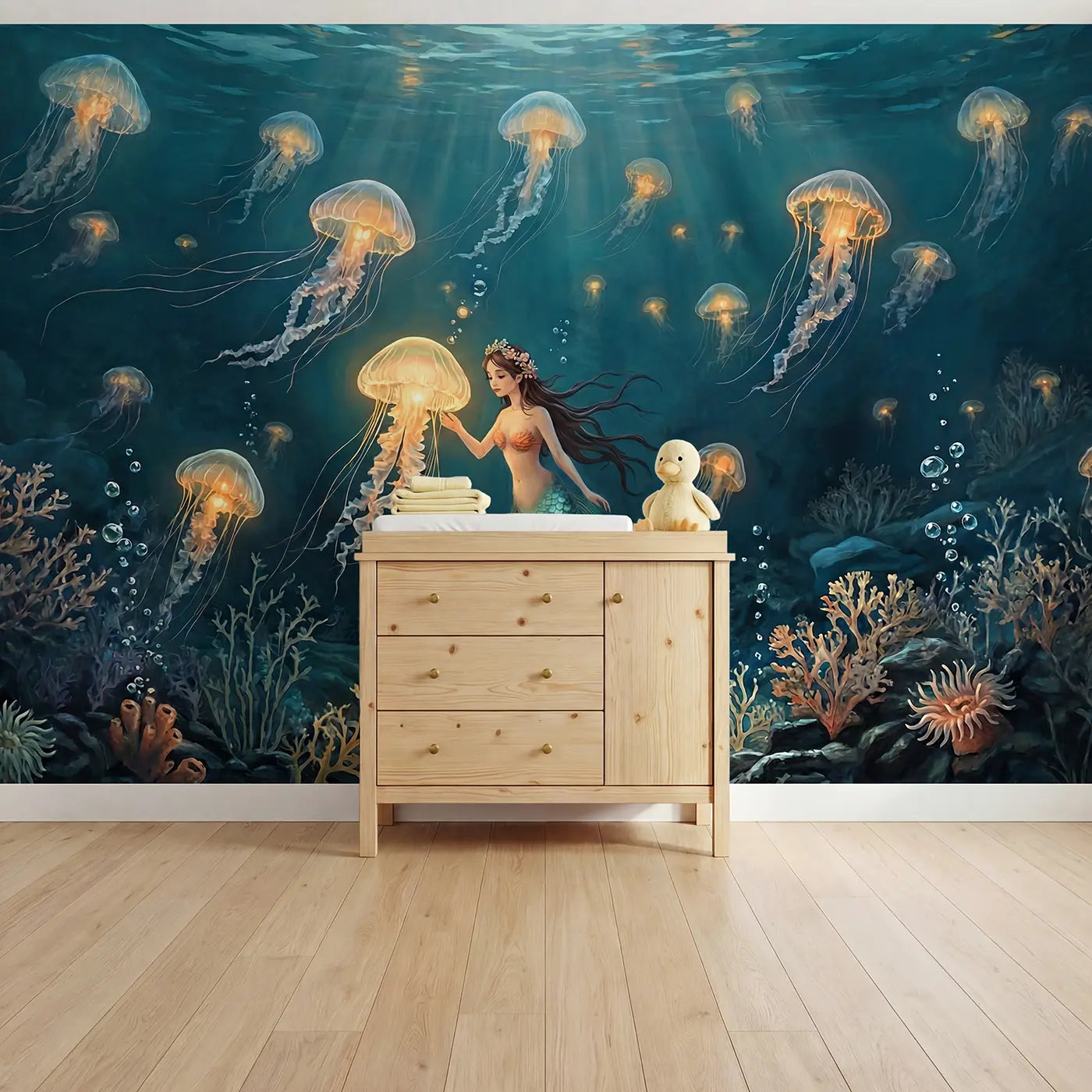 botanical elegance mermaid jellyfish lantern deep mural for nursery by Whimsy Tots