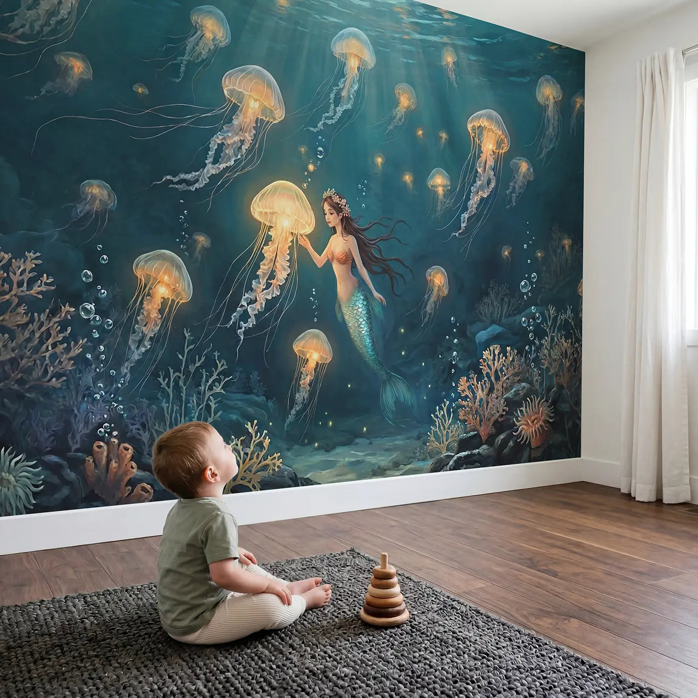 Child in nursery with Mermaid Jellyfish Lantern Deep Wallpaper Mural by Whimsy Tots