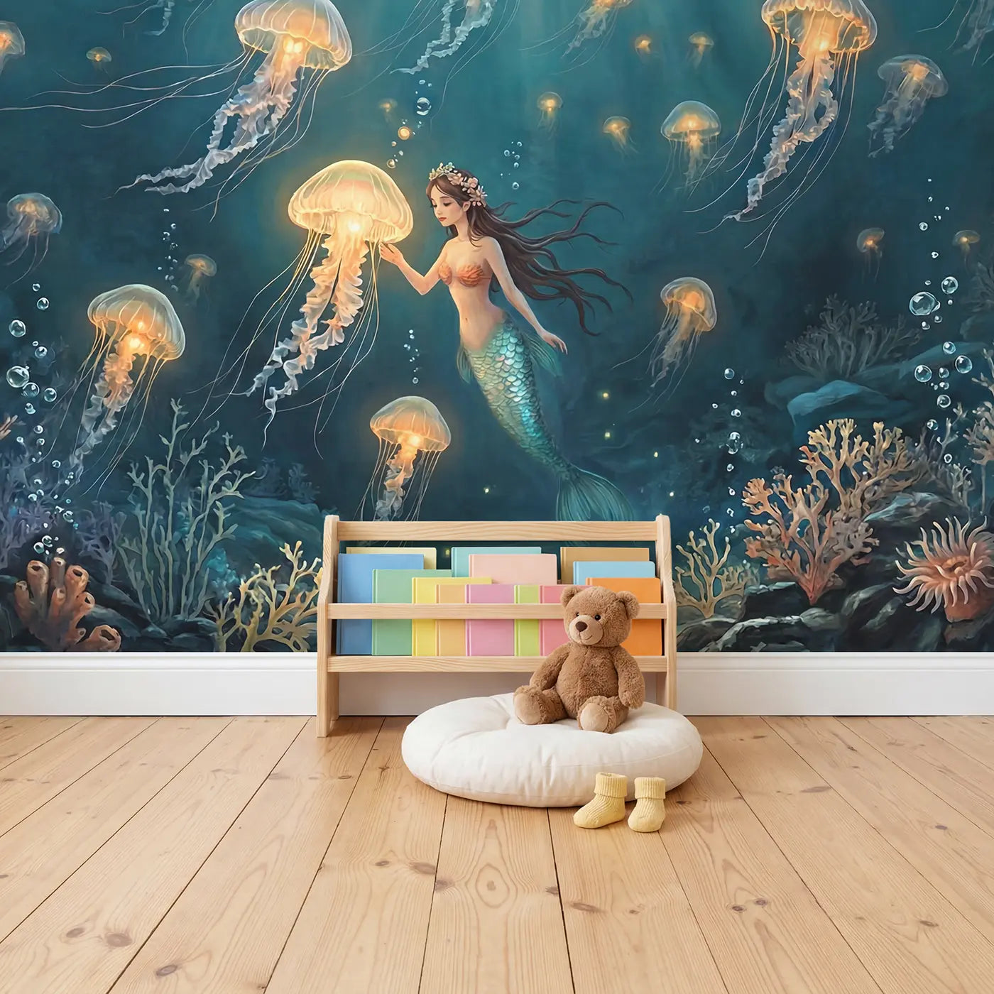 Mermaid Jellyfish Lantern Deep Wallpaper Mural in playroom setting by Whimsy Tots