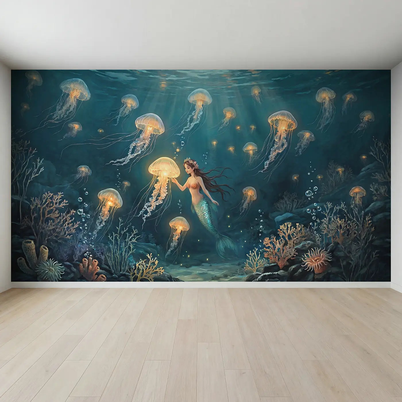 Full view of Mermaid Jellyfish Lantern Deep Wallpaper Mural by Whimsy Tots