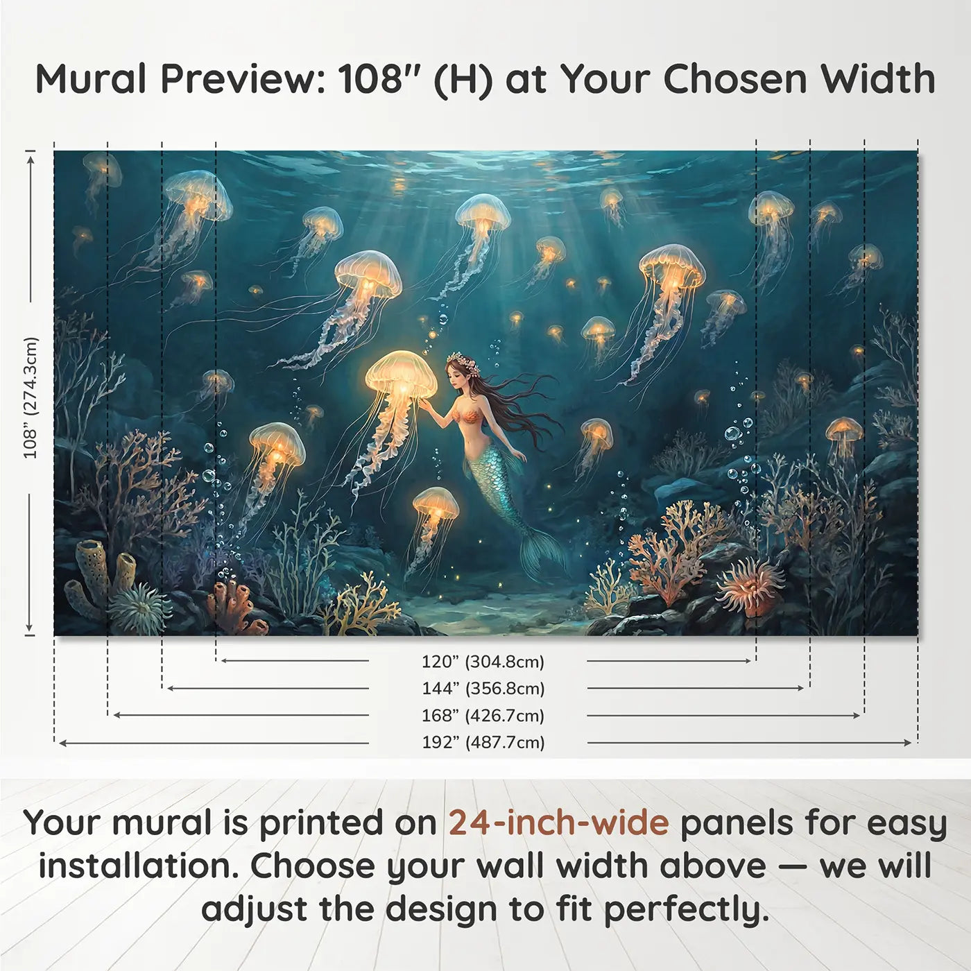 Panel layout and dimensions for Mermaid Jellyfish Lantern Deep Wallpaper Mural by Whimsy Tots