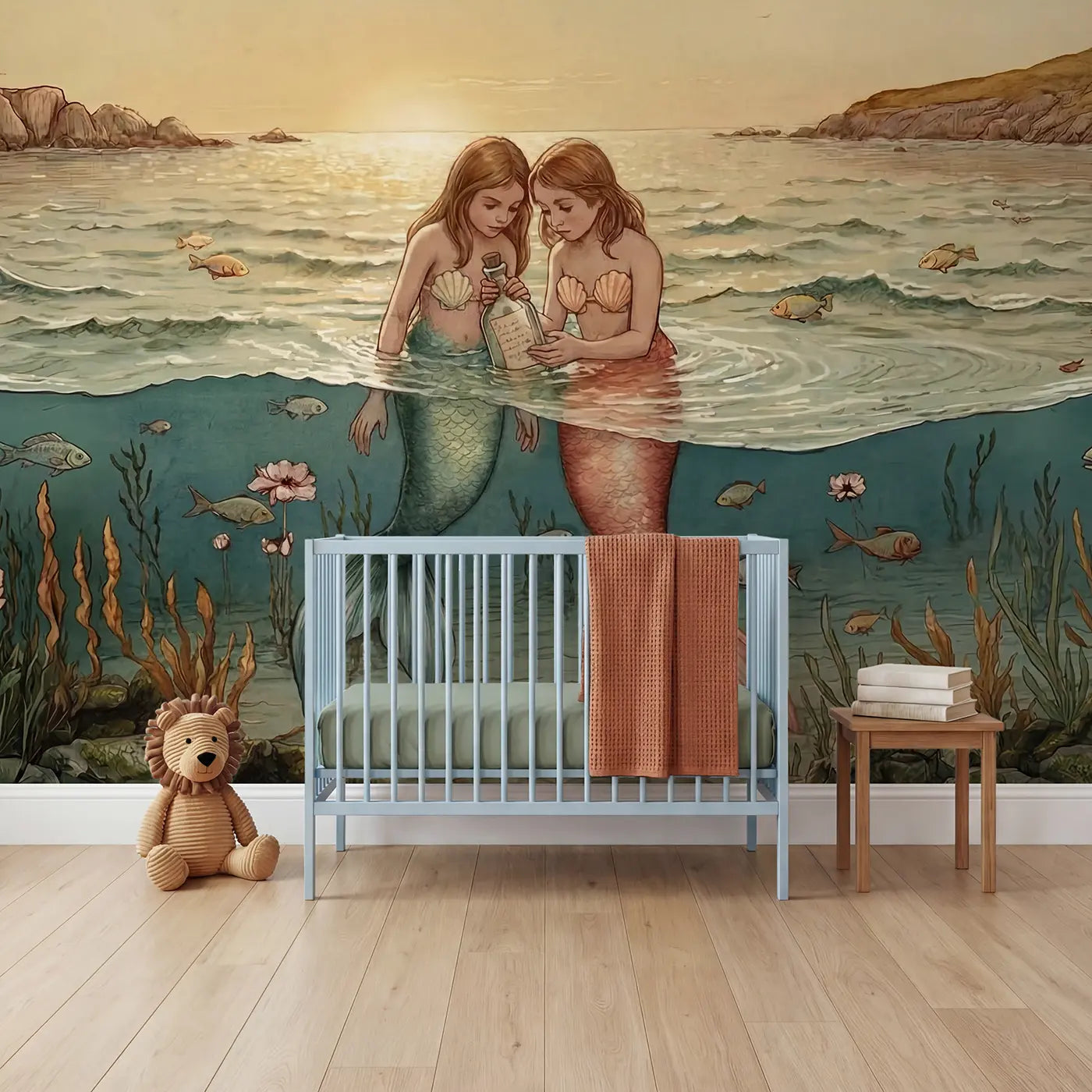 Storybook mermaid message bottle seashore wallpaper mural for kids room by Whimsy Tots