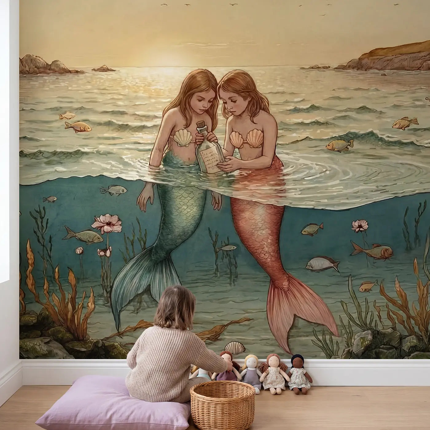 Child in nursery with Mermaid Message Bottle Wallpaper Mural by Whimsy Tots