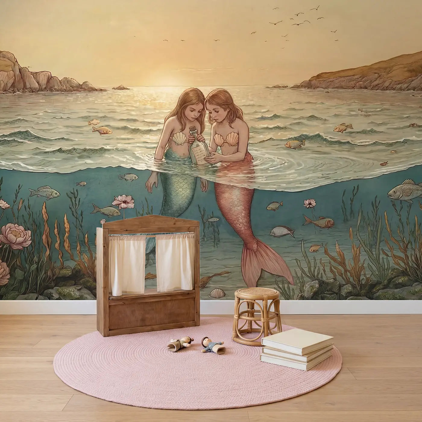 Mermaid Message Bottle Wallpaper Mural in playroom setting by Whimsy Tots