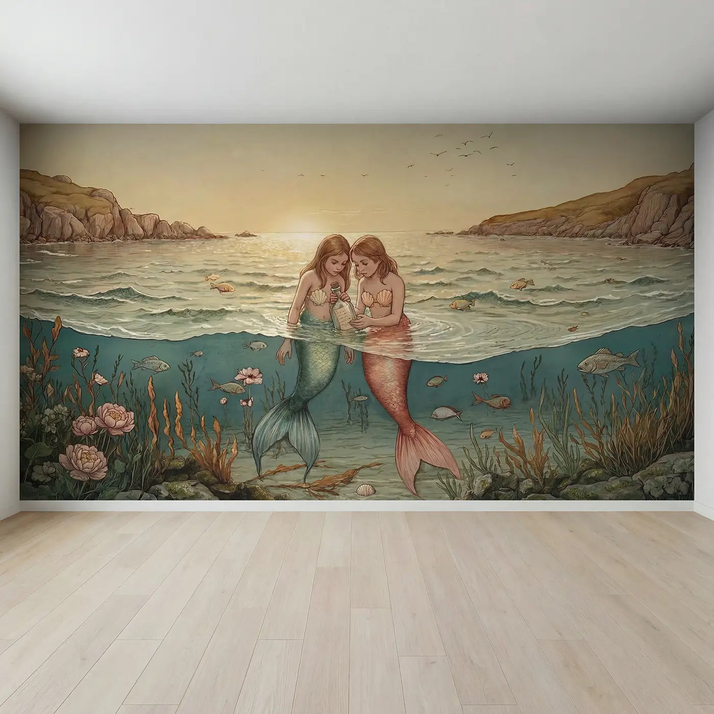 Full view of Mermaid Message Bottle Wallpaper Mural by Whimsy Tots